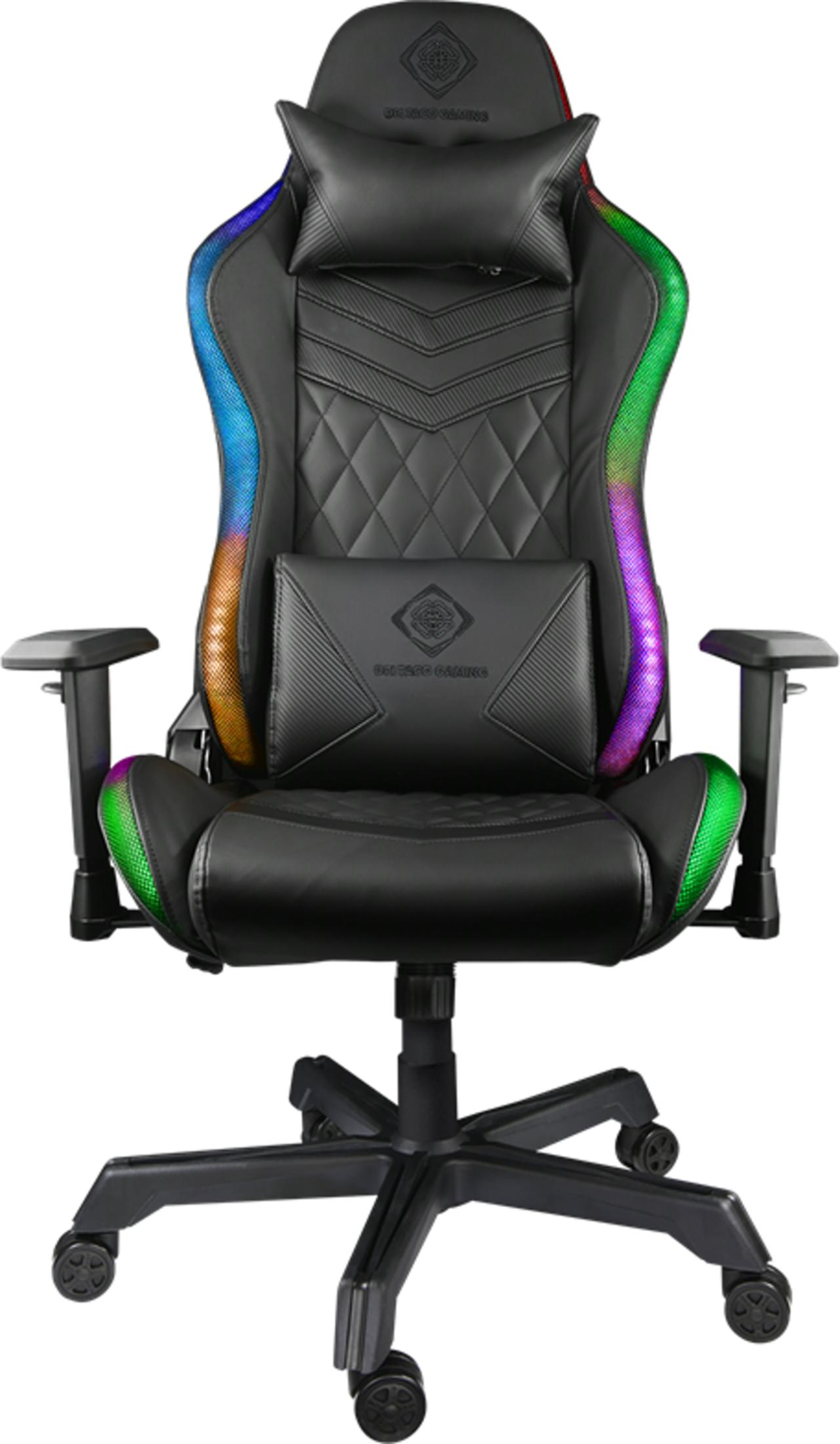 Schwarzer Gaming-Stuhl mit bunten LED-Lichtern an den Seiten und einem Kissen.