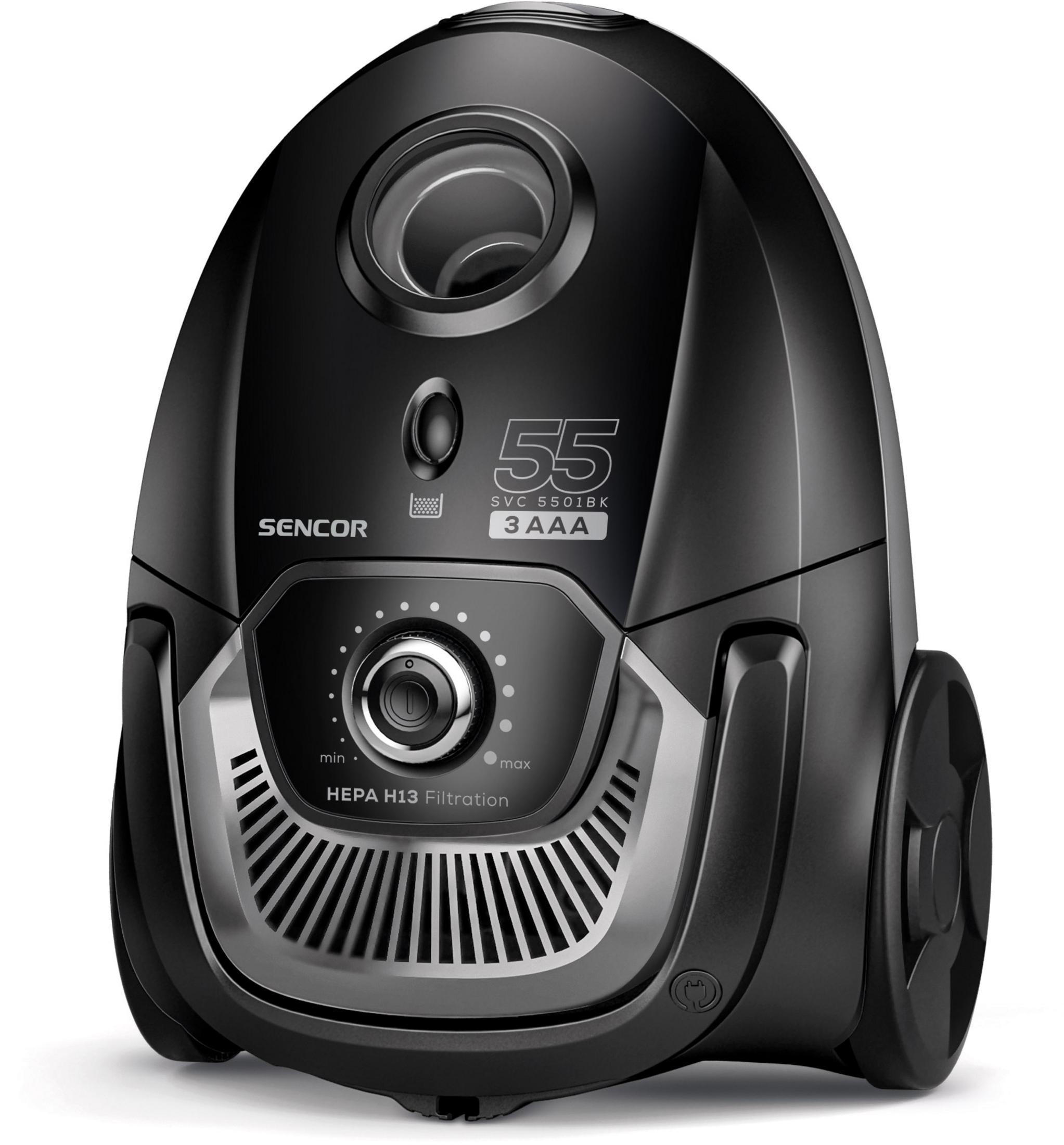 Ein schwarzer Sencor SVC 5501BK Staubsauger mit HEPA H13 Filterung.