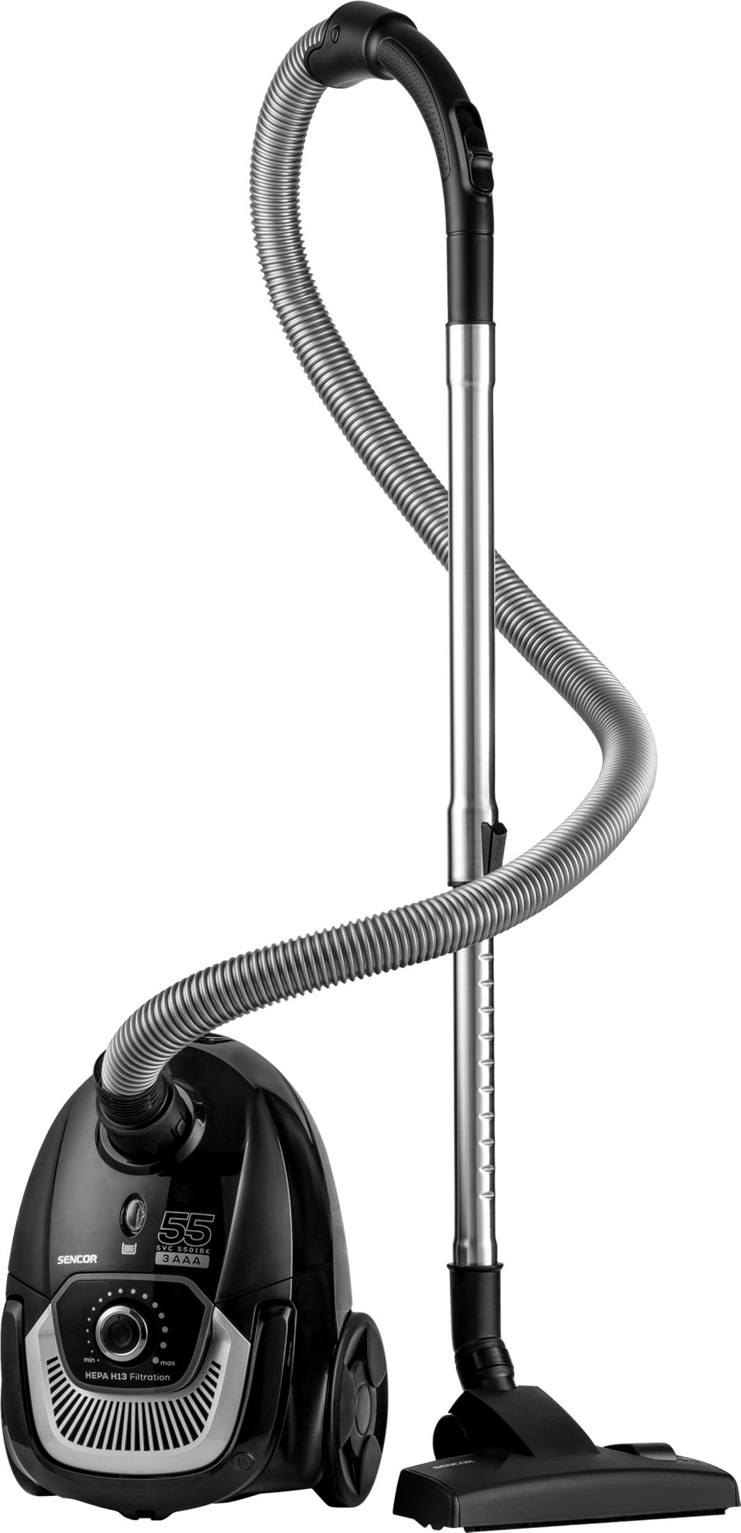 Schwarzer Sencor Staubsauger mit Silikonschlauch und Teleskoprohr.