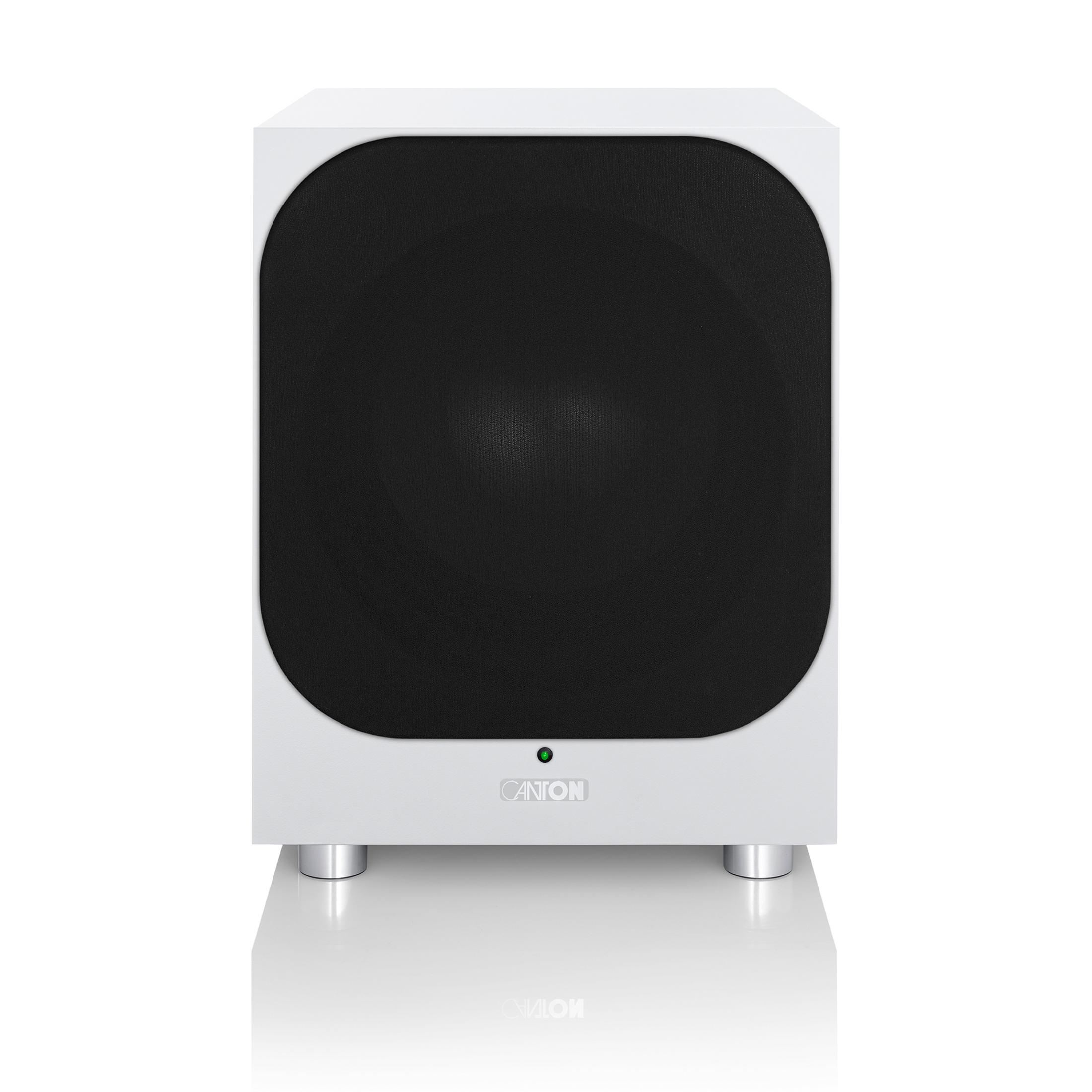 Ein weißer Subwoofer mit schwarzem Lautsprechergitter und silbernen Füßen.