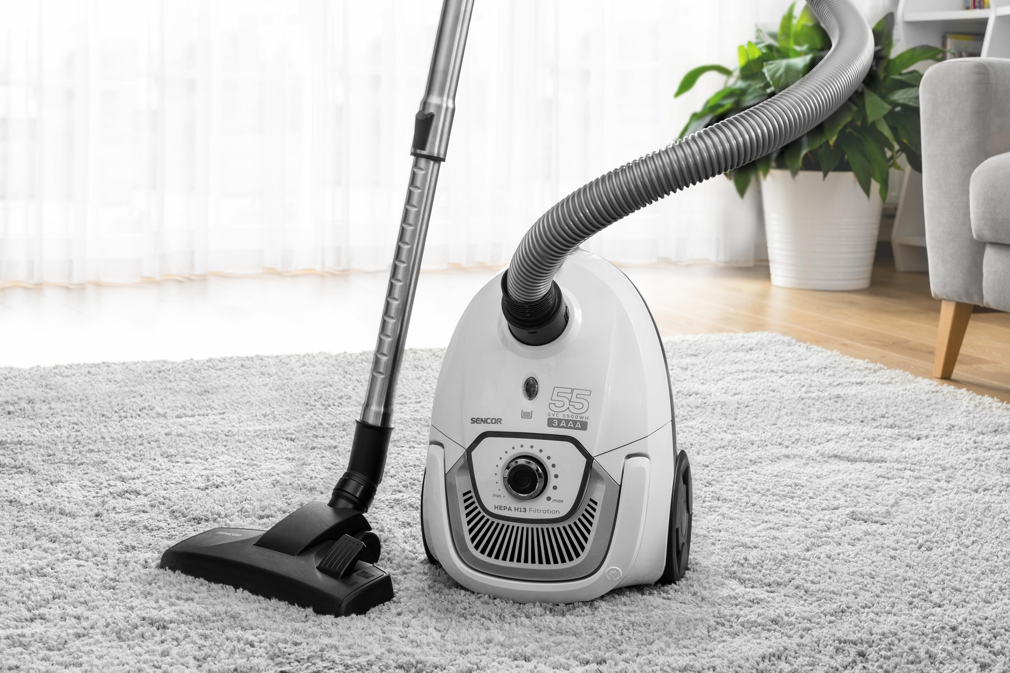 Un aspirapolvere bianco con tubo e spazzola su un tappeto grigio.