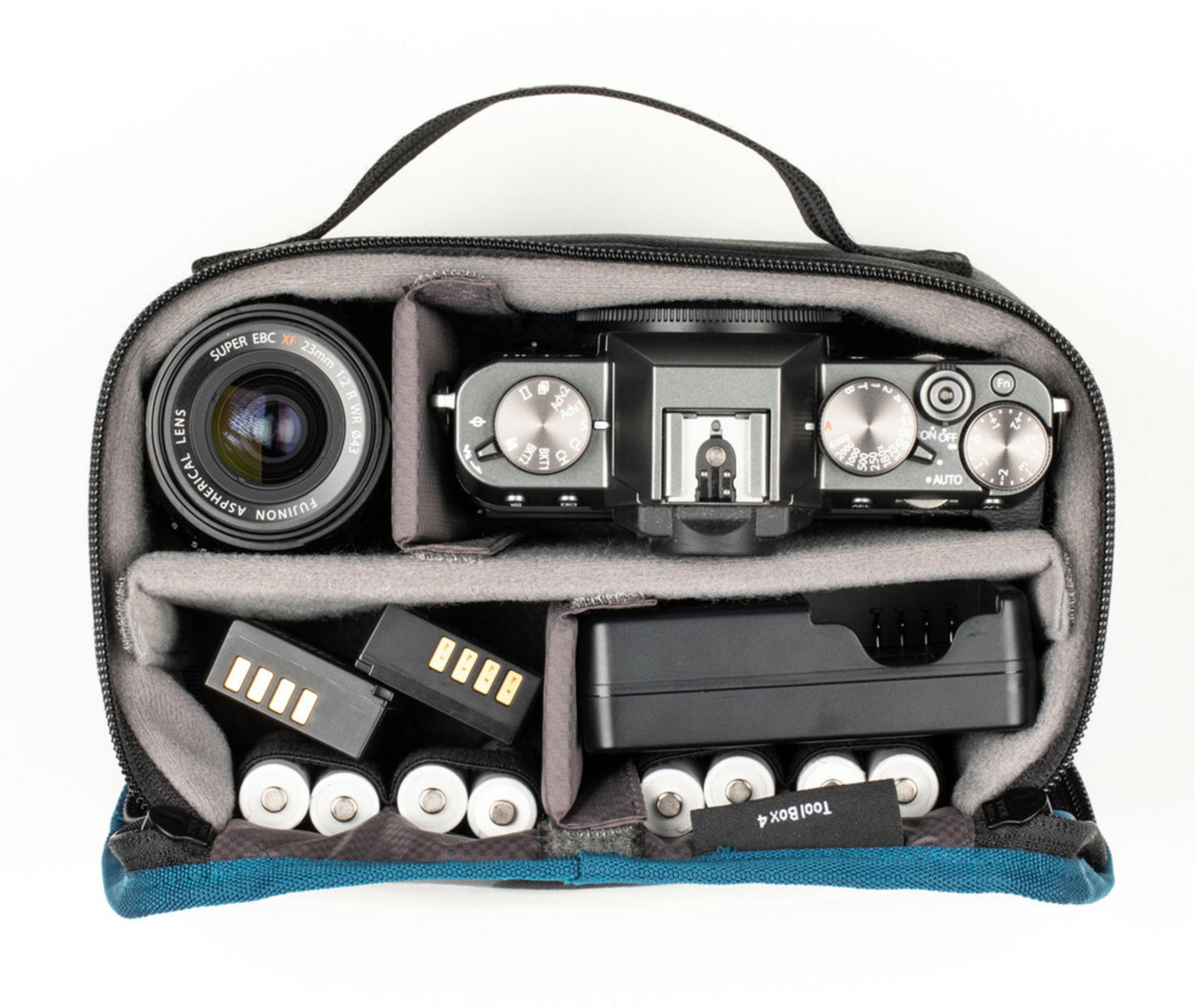 A camera bag with a camera, lens, batteries, and charger inside. Organized compartments.
