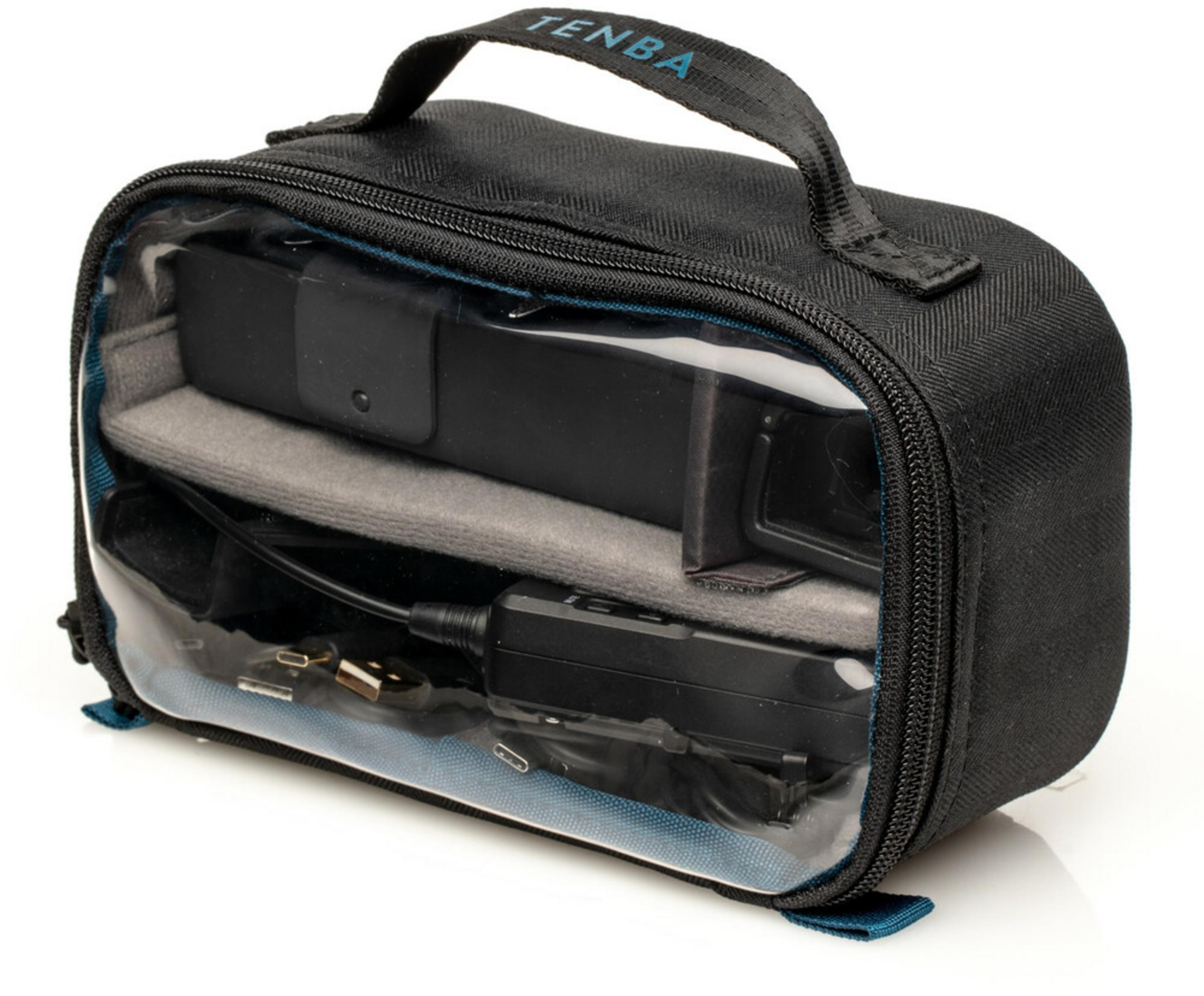 Black Tenba bag with clear compartment, filled with cables and devices.