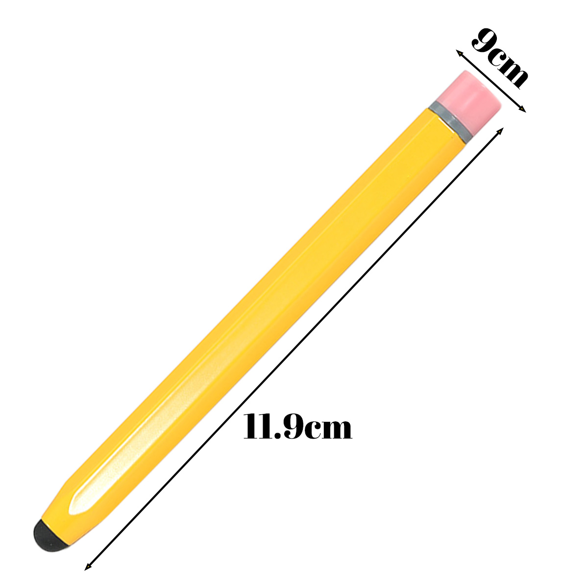 Ein gelber Stift mit rosa Radiergummi und schwarzer Spitze. Längen 11,9cm und 9cm.