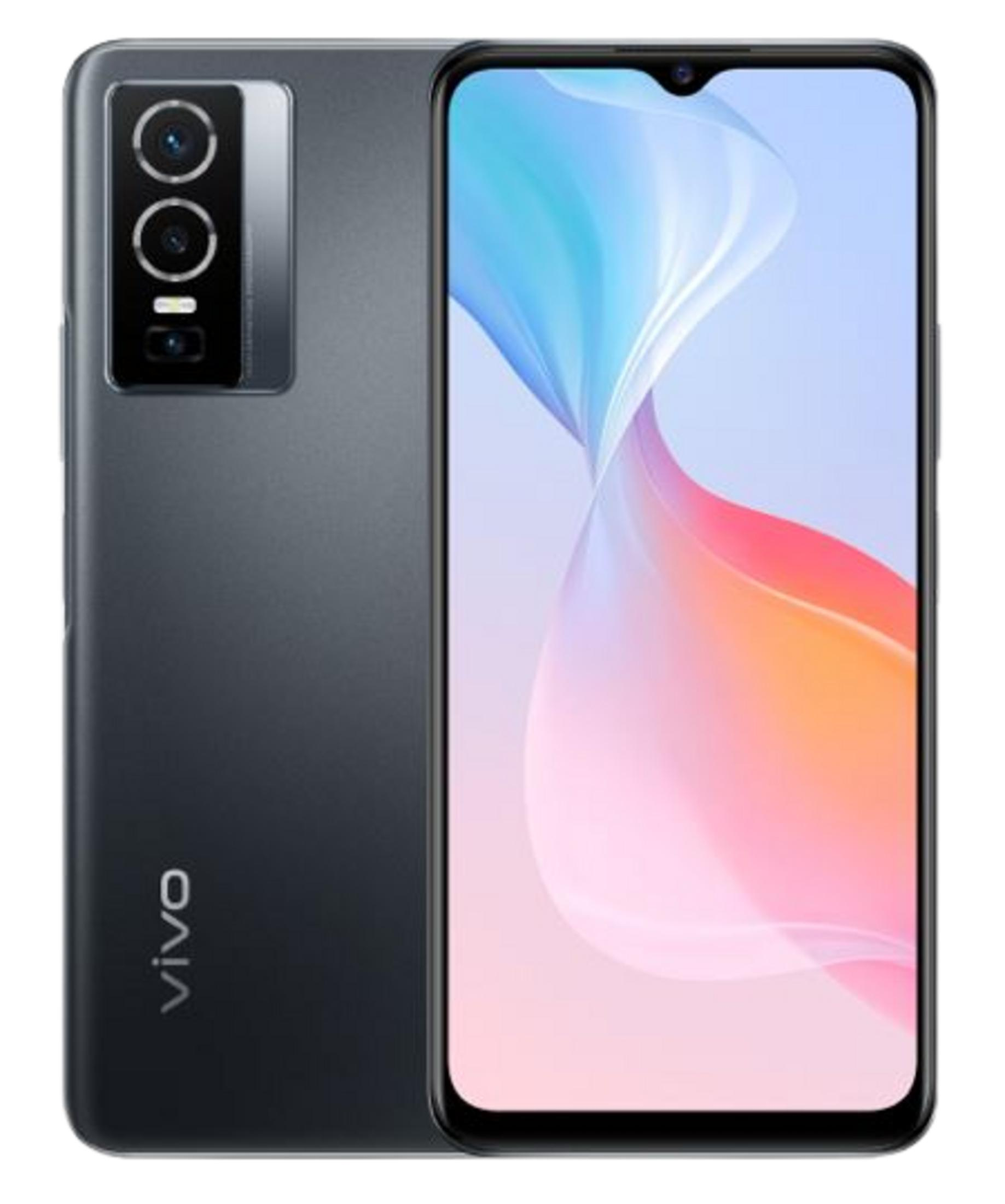 Smartphone grigio scuro con modulo fotocamera e logo Vivo.