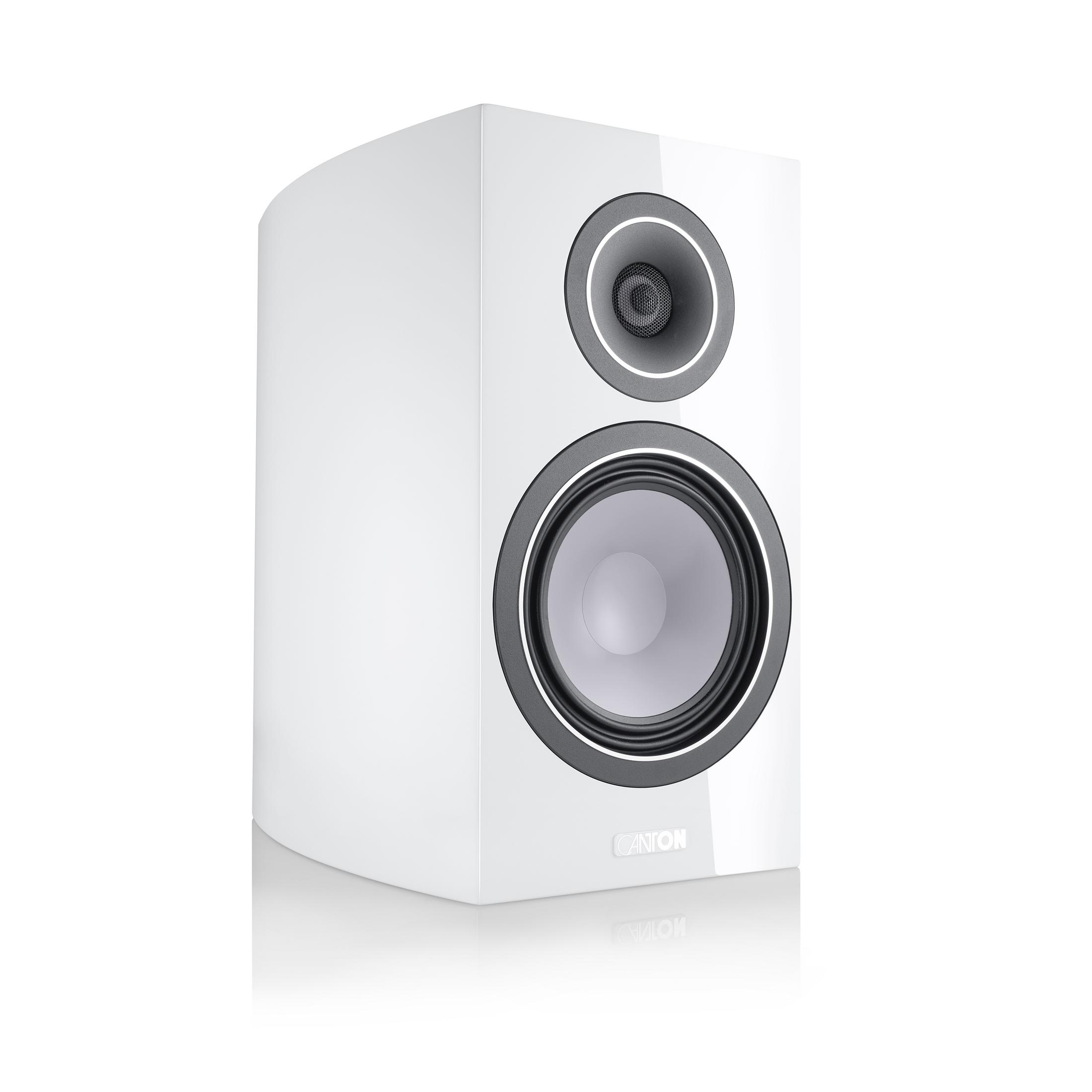 A white speaker with silver accents and a Canton logo.