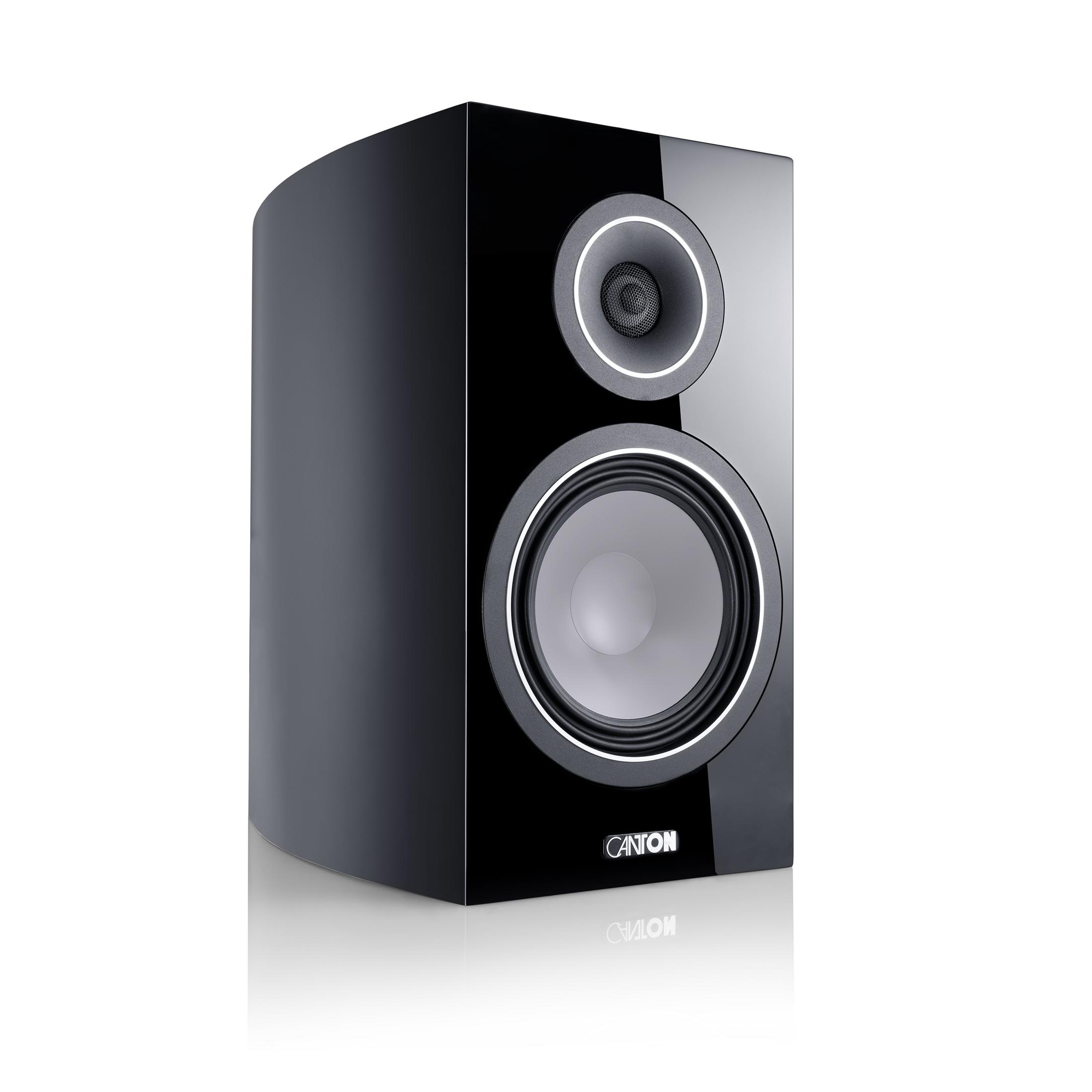 A black Canton speaker with a silver woofer and tweeter, on a white background.