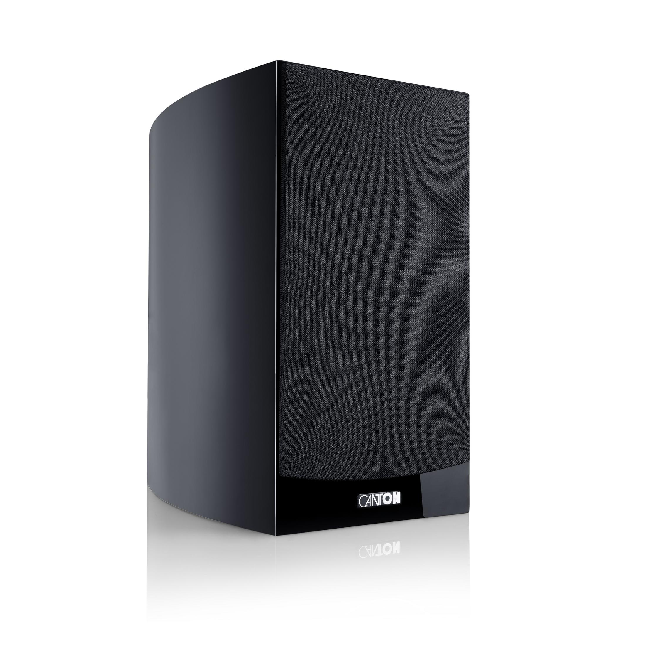 A black speaker with a fabric front and a silver logo.