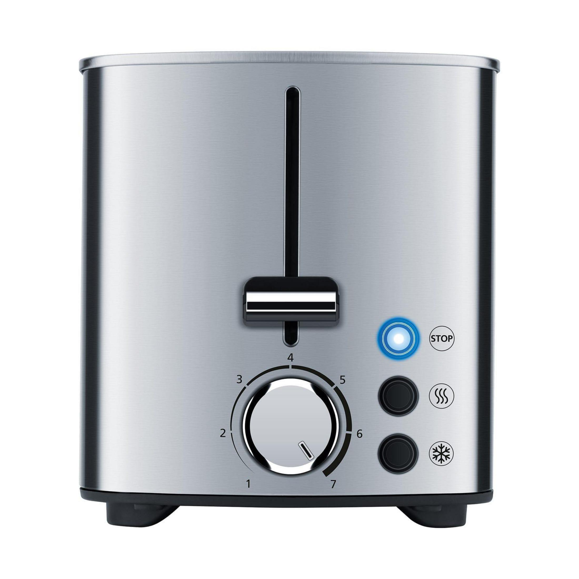 Ein silberner Toaster mit Bedienelementen, darunter ein Drehregler und Knöpfe.