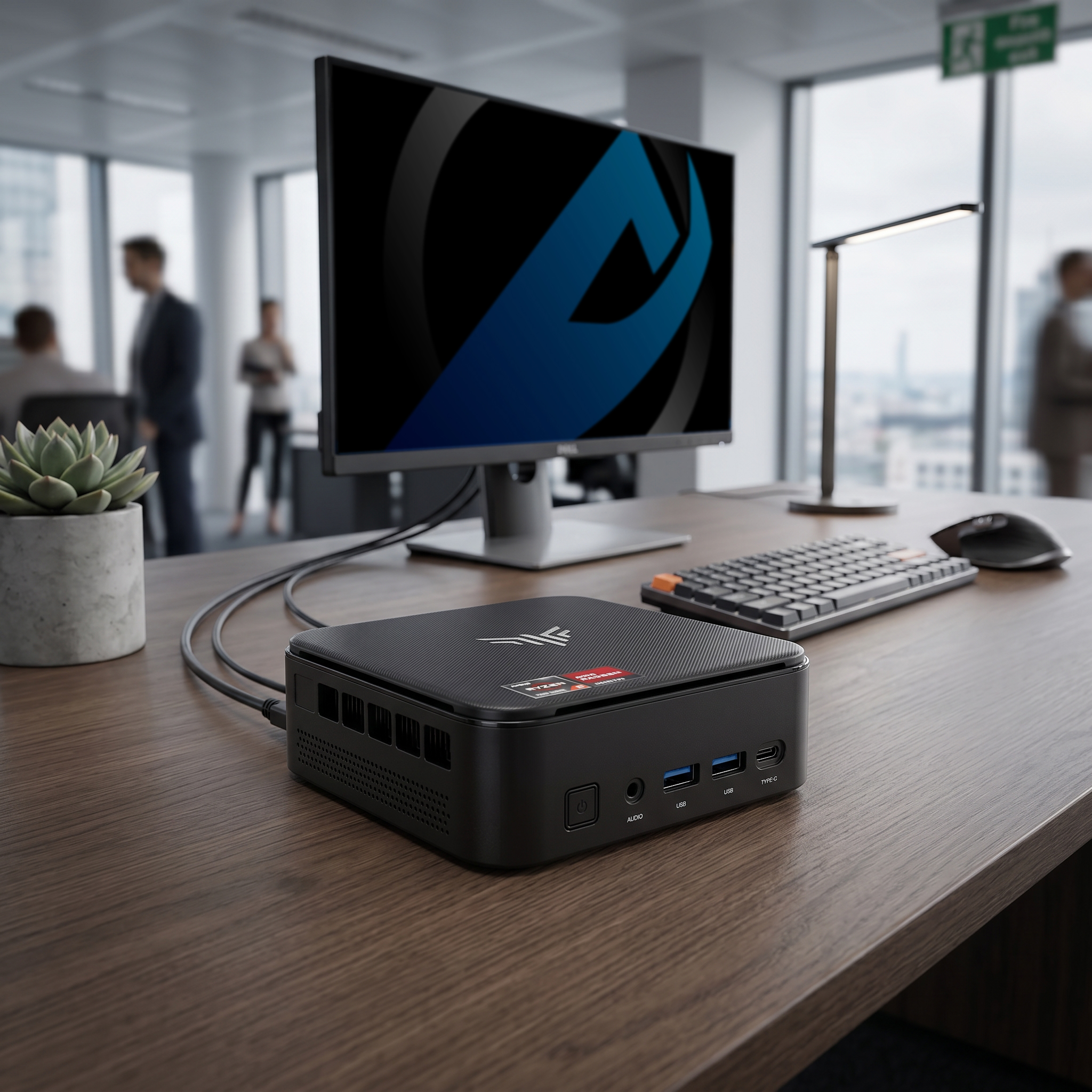 Schwarzer Mini-PC auf einem Holzschreibtisch mit Monitor, Tastatur, Maus und Pflanze. Verschwommener Bürohintergrund.