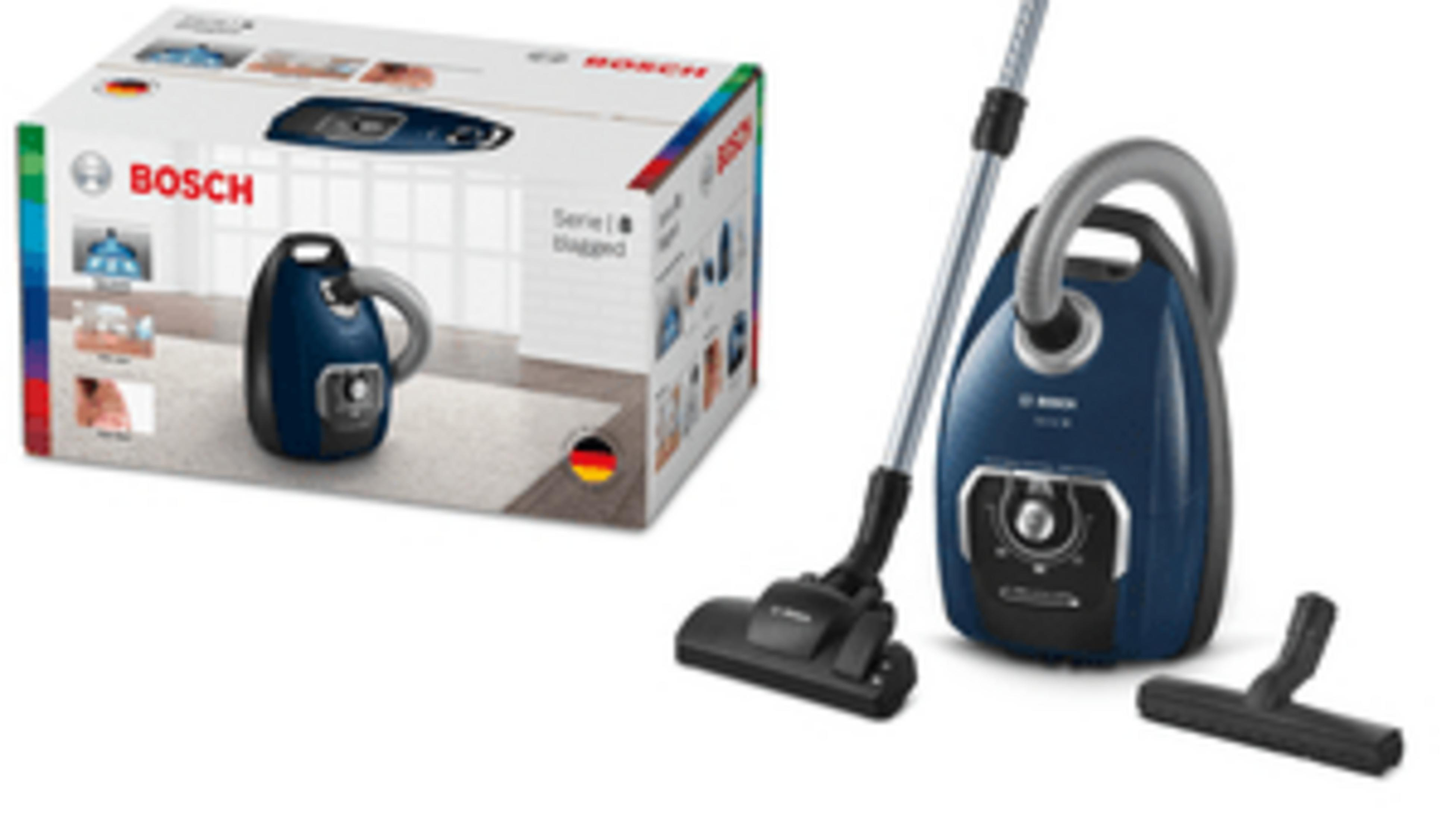 Blauer Bosch Staubsauger mit Zubehör und Verpackung.