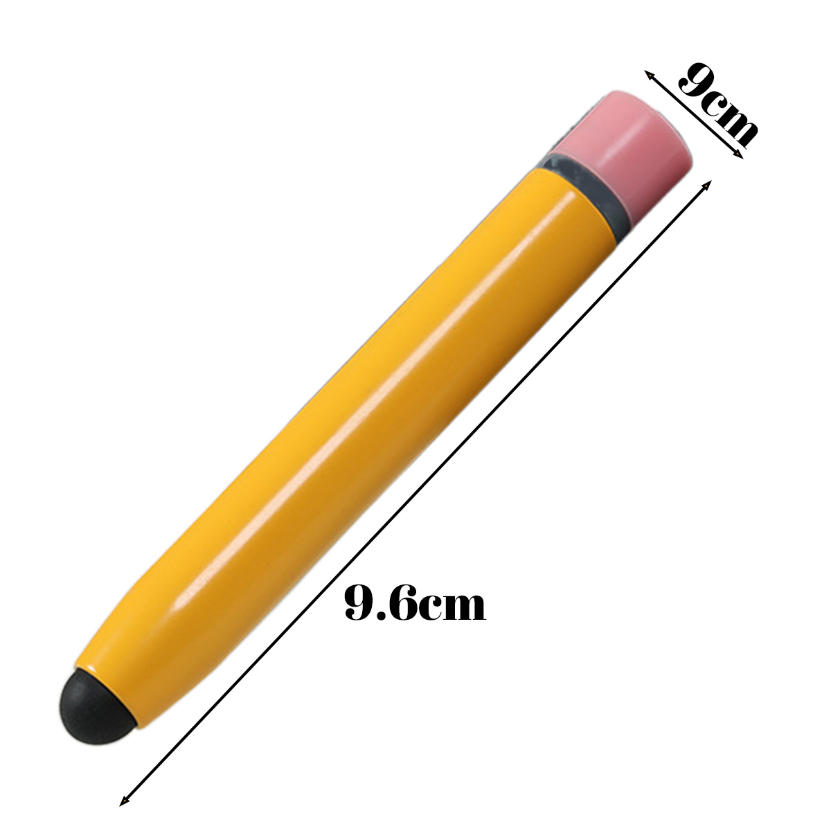 Ein gelber Stift-förmiger Stylus ist 9,6 cm lang und 9 cm breit.
