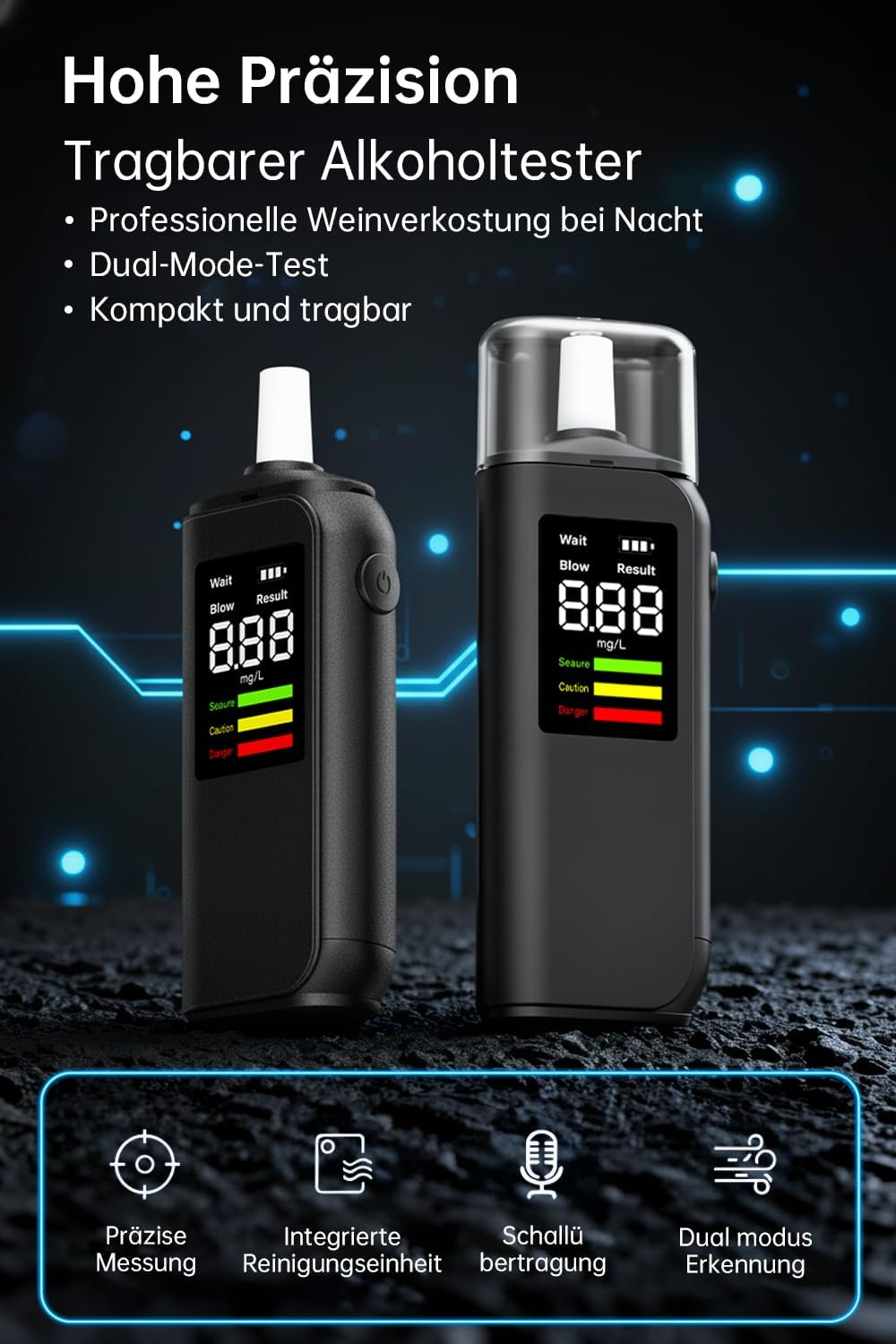 Zwei tragbare Alkoholtester mit digitalen Anzeigen und Farbbalken. Symbole unten.