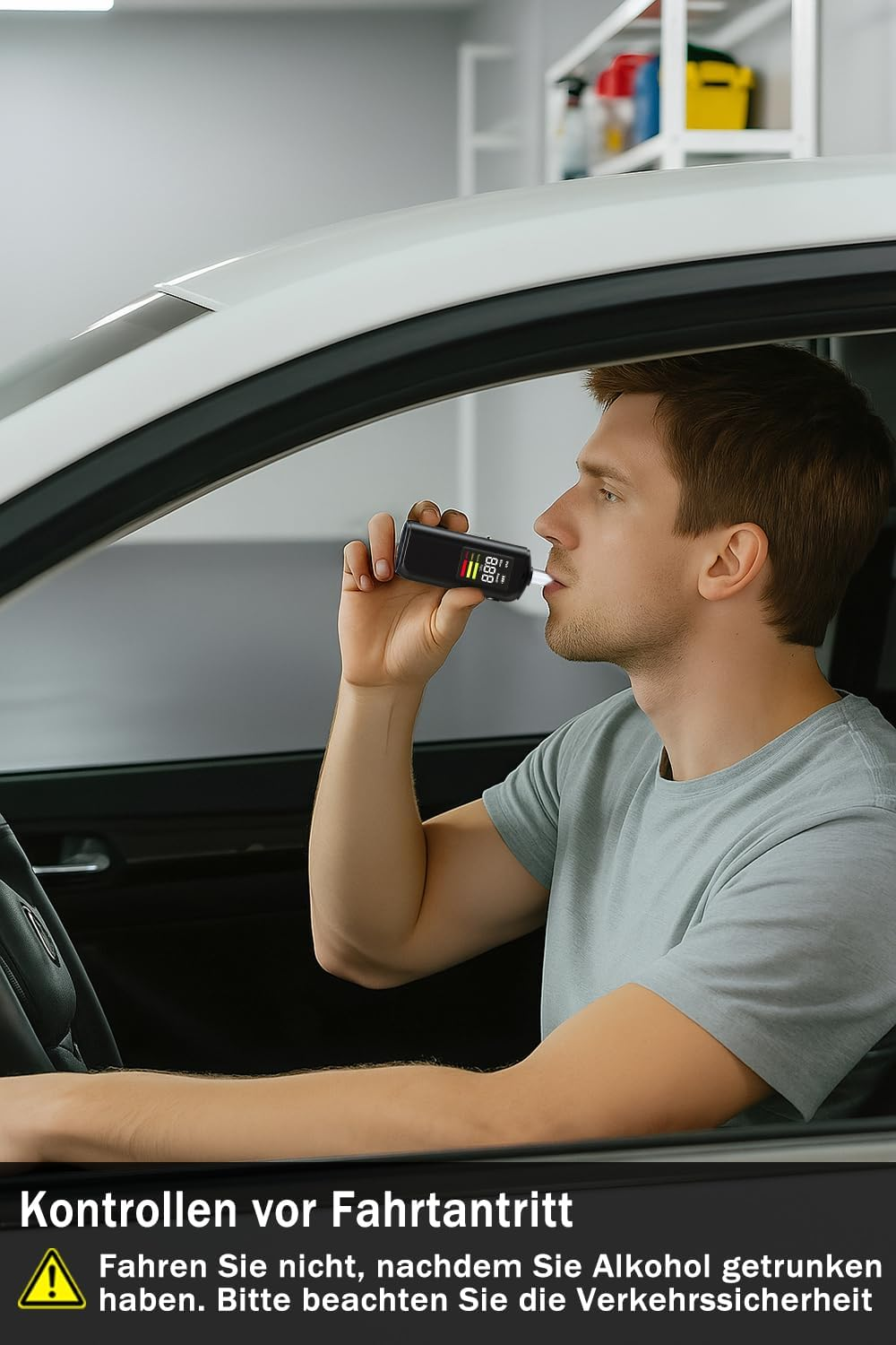 Ein Mann im Auto bläst in ein Alkoholmessgerät.