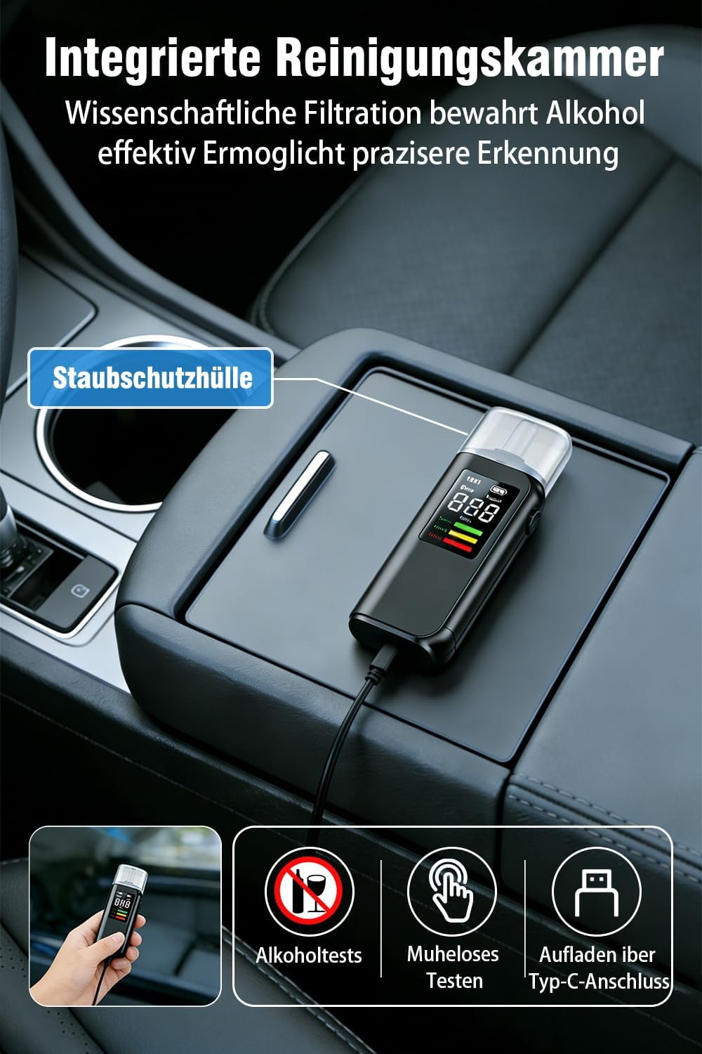 Ein Alkoholtester liegt in der Mittelkonsole eines Autos, mit Text über Filtration und Aufladen.