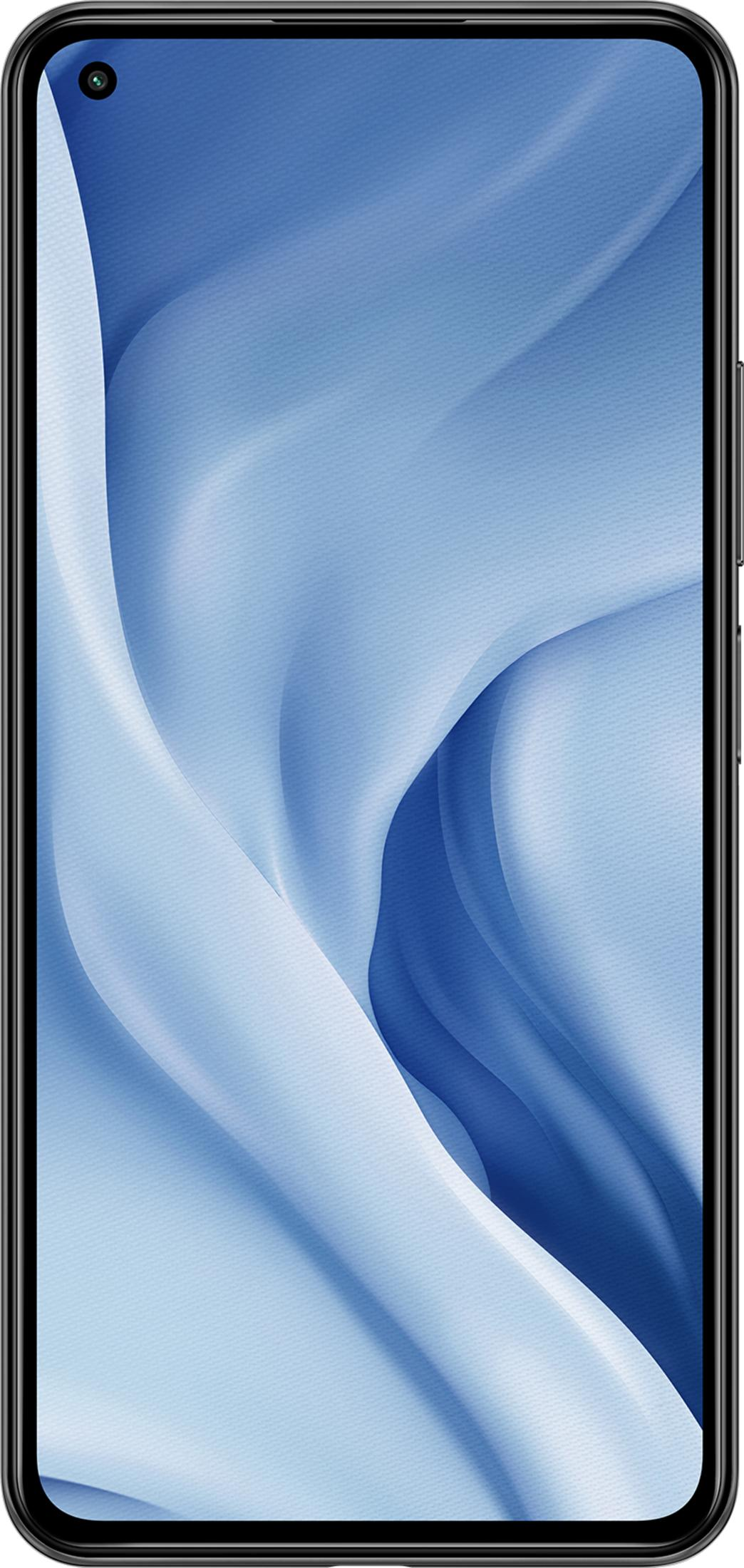 Uno smartphone che mostra un motivo ondulato blu sul suo schermo.