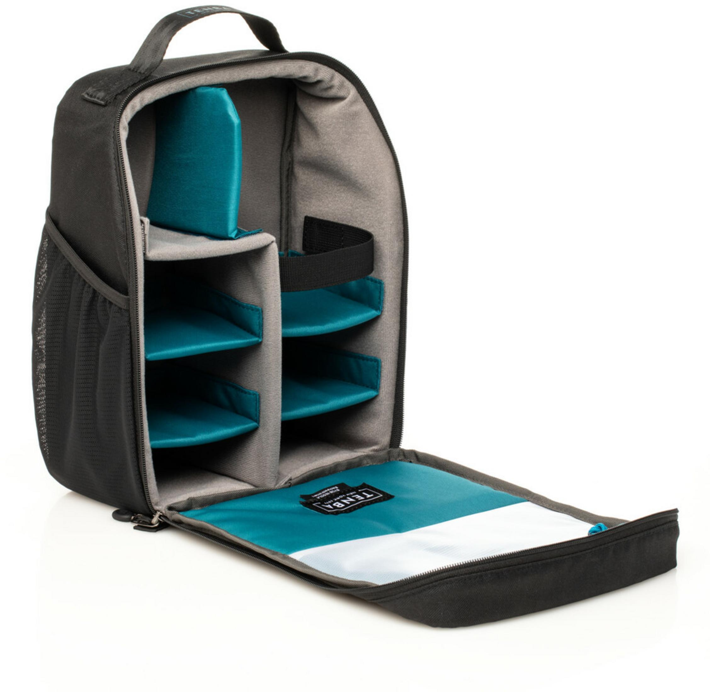 An open black backpack with teal inserts and compartments for gear.