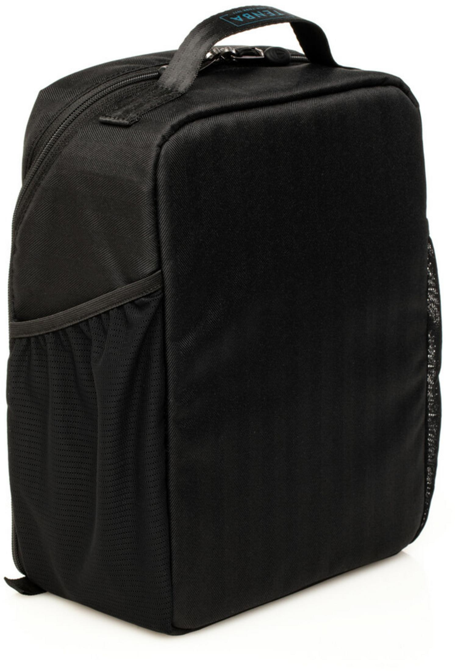 Black bag with zipper and mesh side pocket, white background.