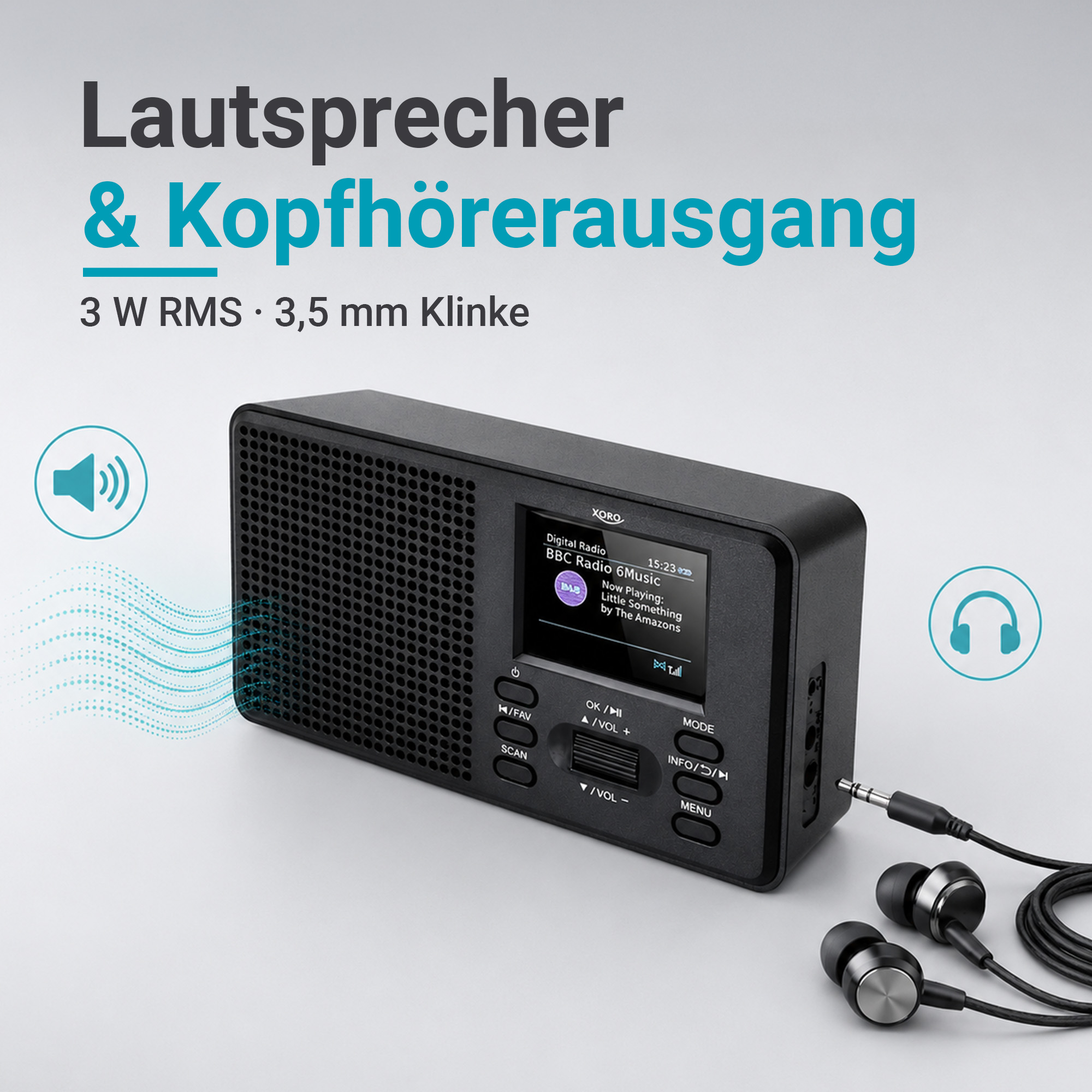 Schwarzes Digitalradio mit Kopfhörern und Lautsprechersymbol.