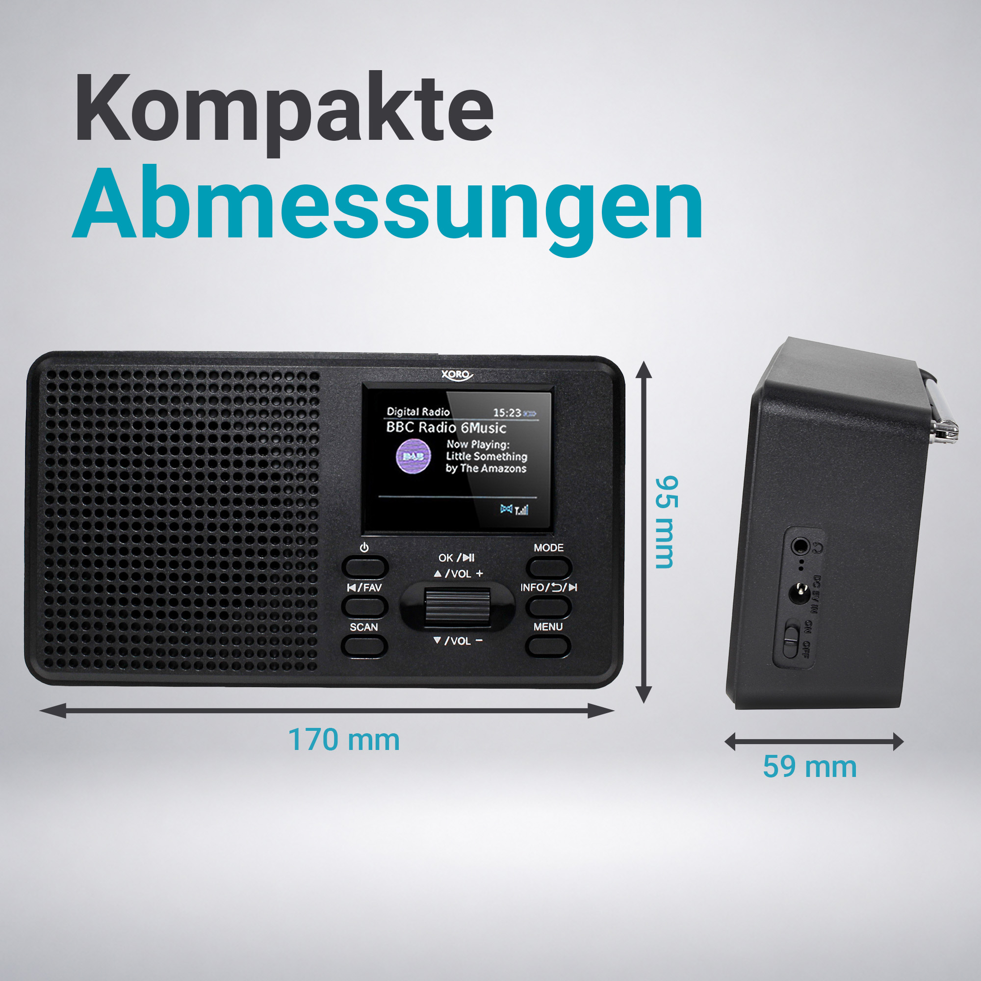 Radio digitale nera con display, dimensioni 170x95x59mm.