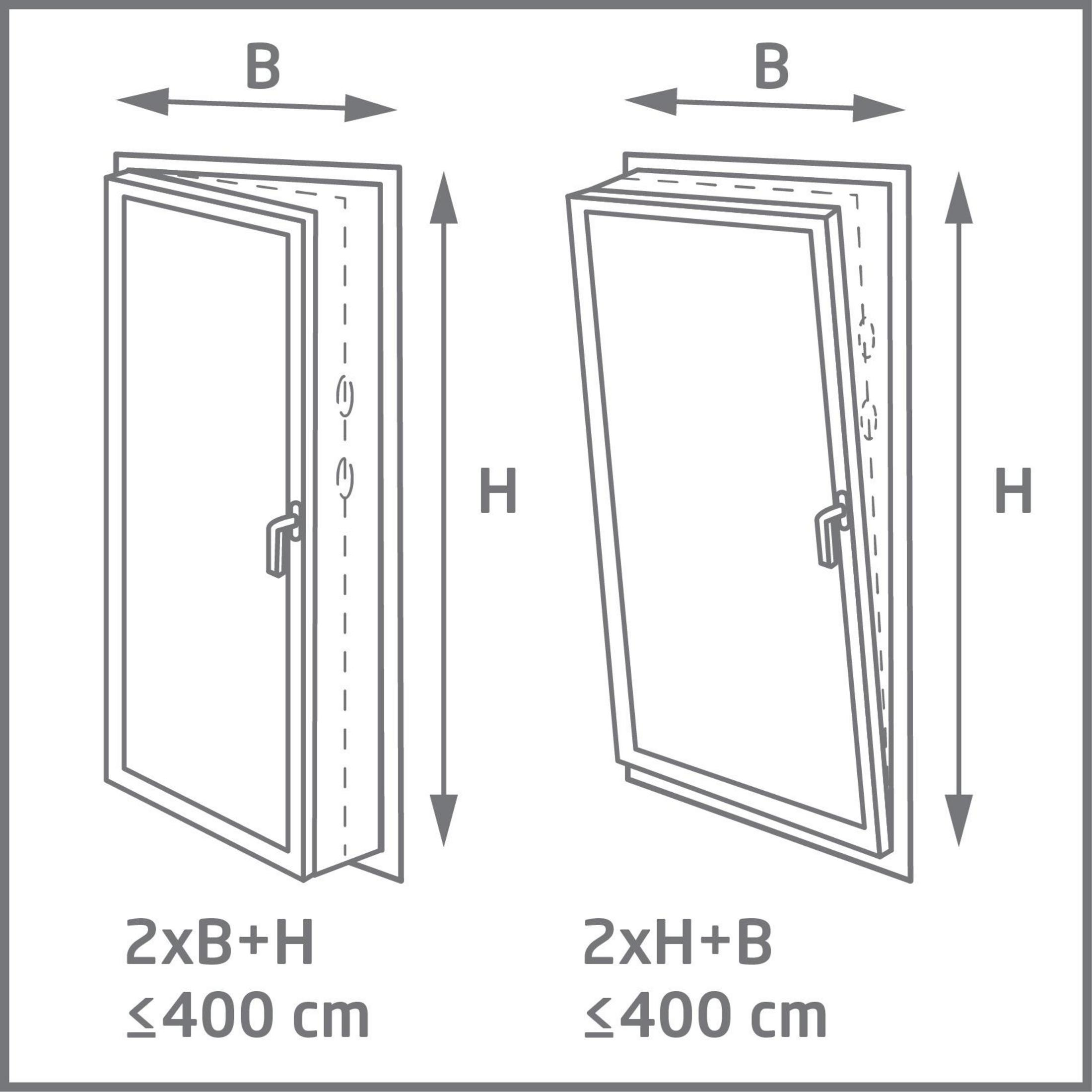 Zwei Fensterrahmen zeigen Maße B und H mit Formeln.