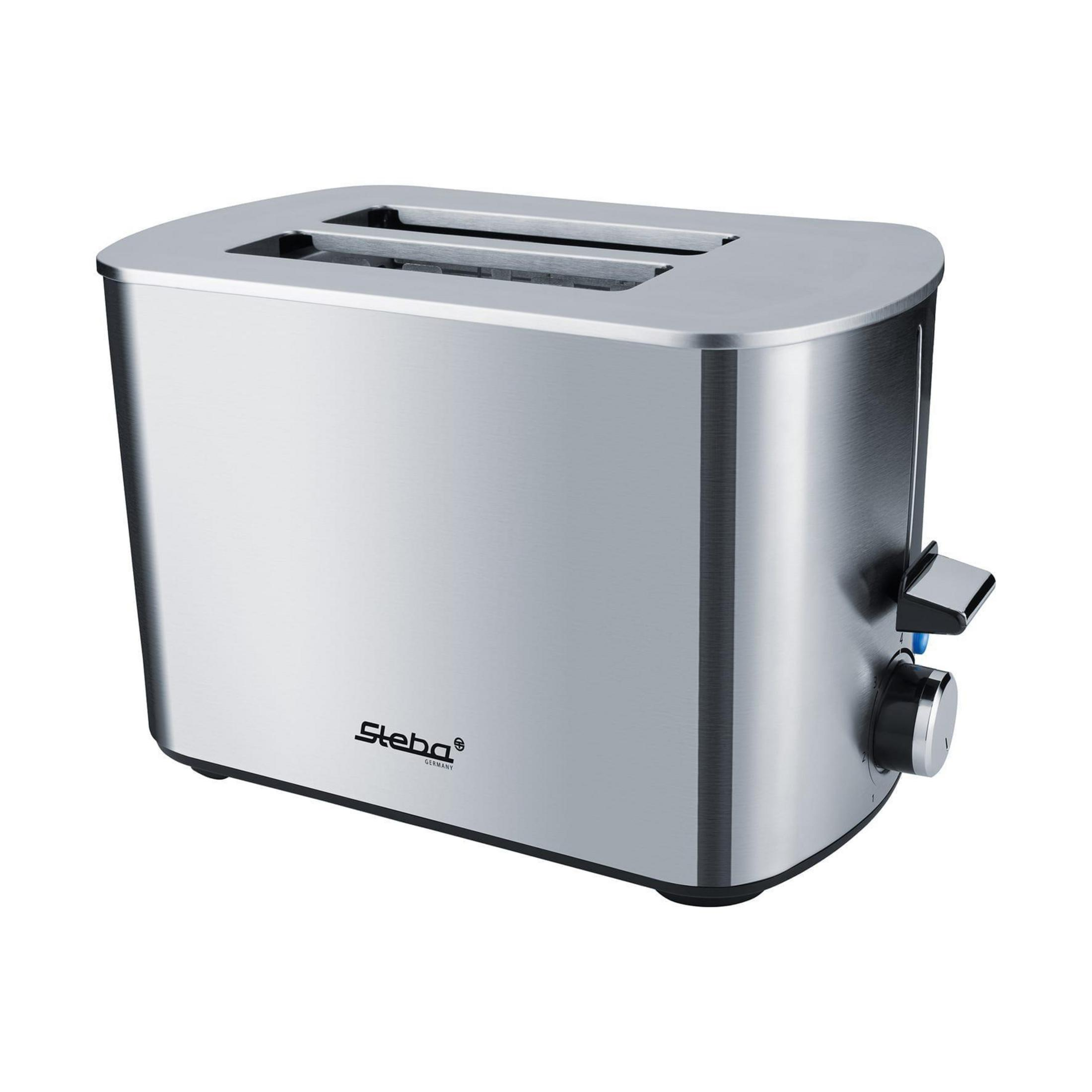 Ein silberner Toaster mit zwei Schlitzen und einem Drehregler.