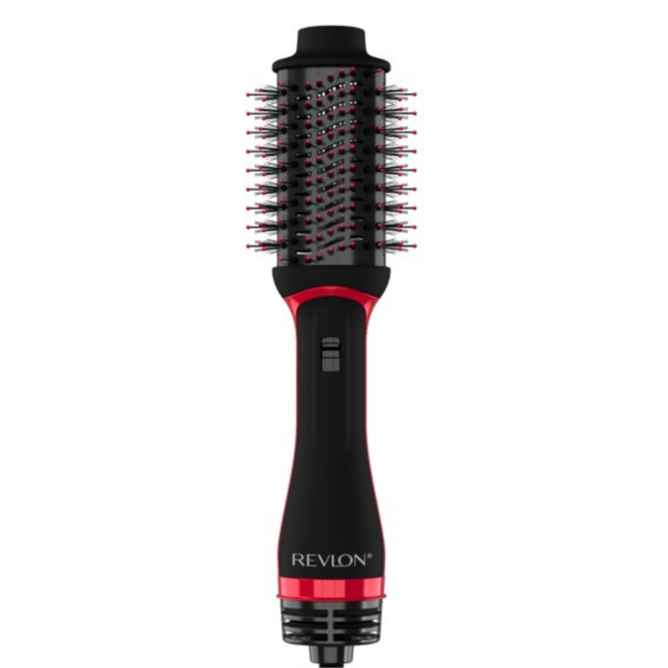 Black Revlon hair dryer with red accents and bristles.