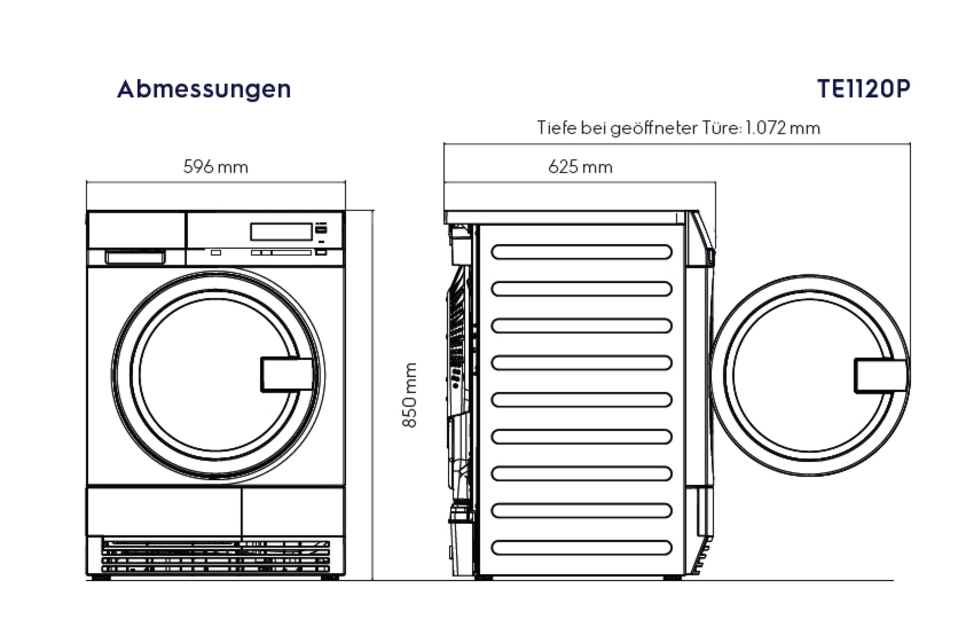 Disegno tecnico di un'asciugatrice TE1120P con dimensioni.