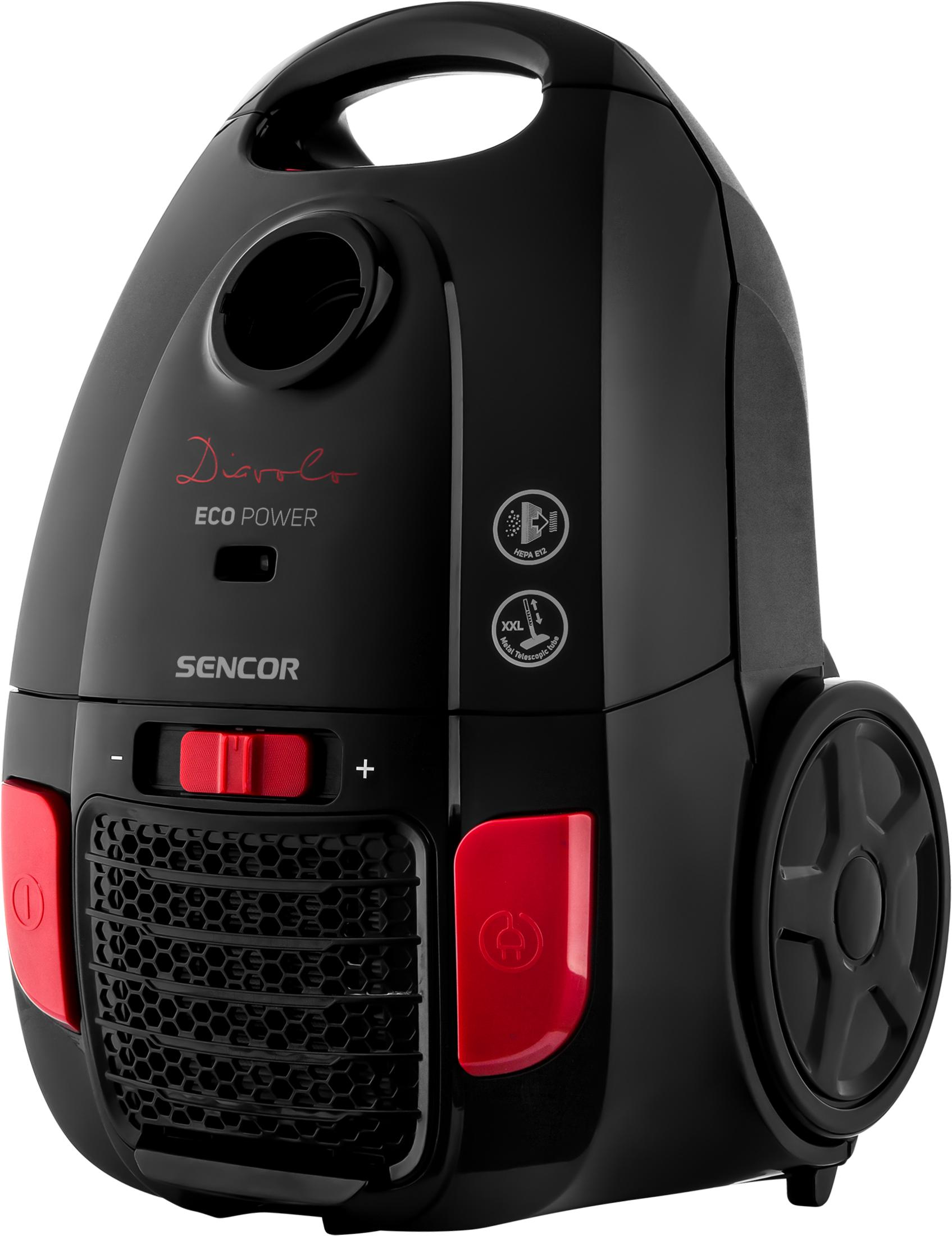 Aspiradora negra con detalles rojos y logo SENCOR.