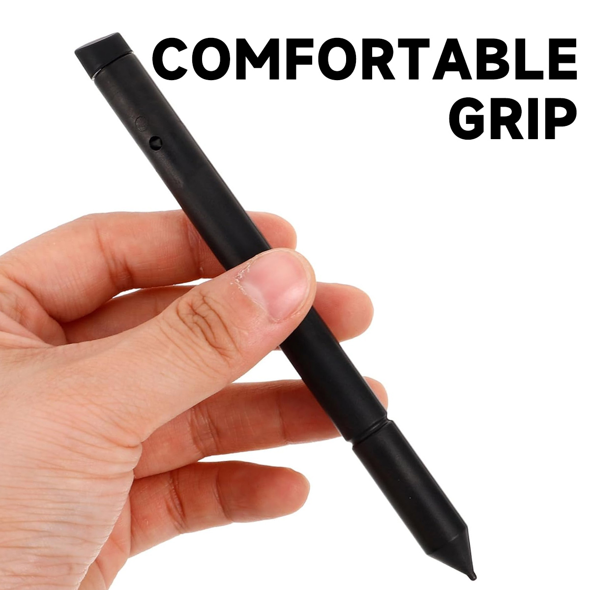 Eine Hand hält einen schwarzen Stift mit komfortablem Griff.