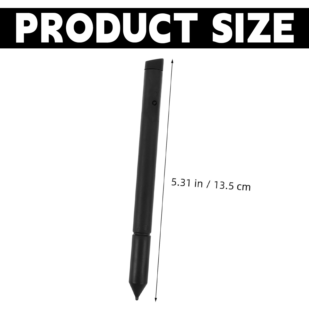Ein schwarzer Stift mit der Aufschrift "PRODUCT SIZE" und Maßen 5,31 Zoll / 13,5 cm.