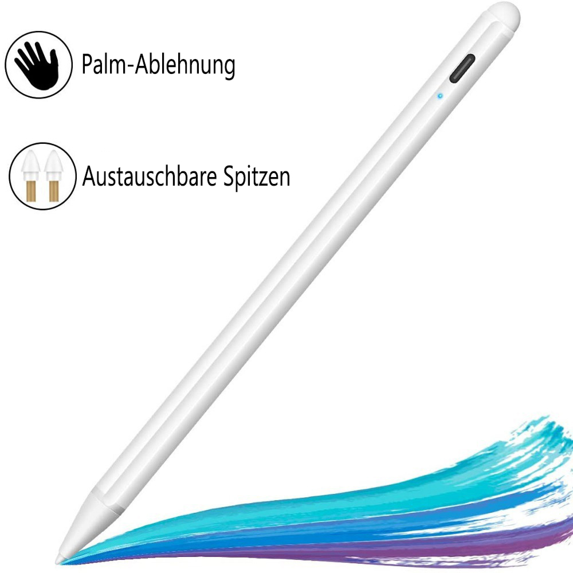 Ein weißer Stift mit blauer LED und austauschbaren Spitzen, mit Farbspritzern.