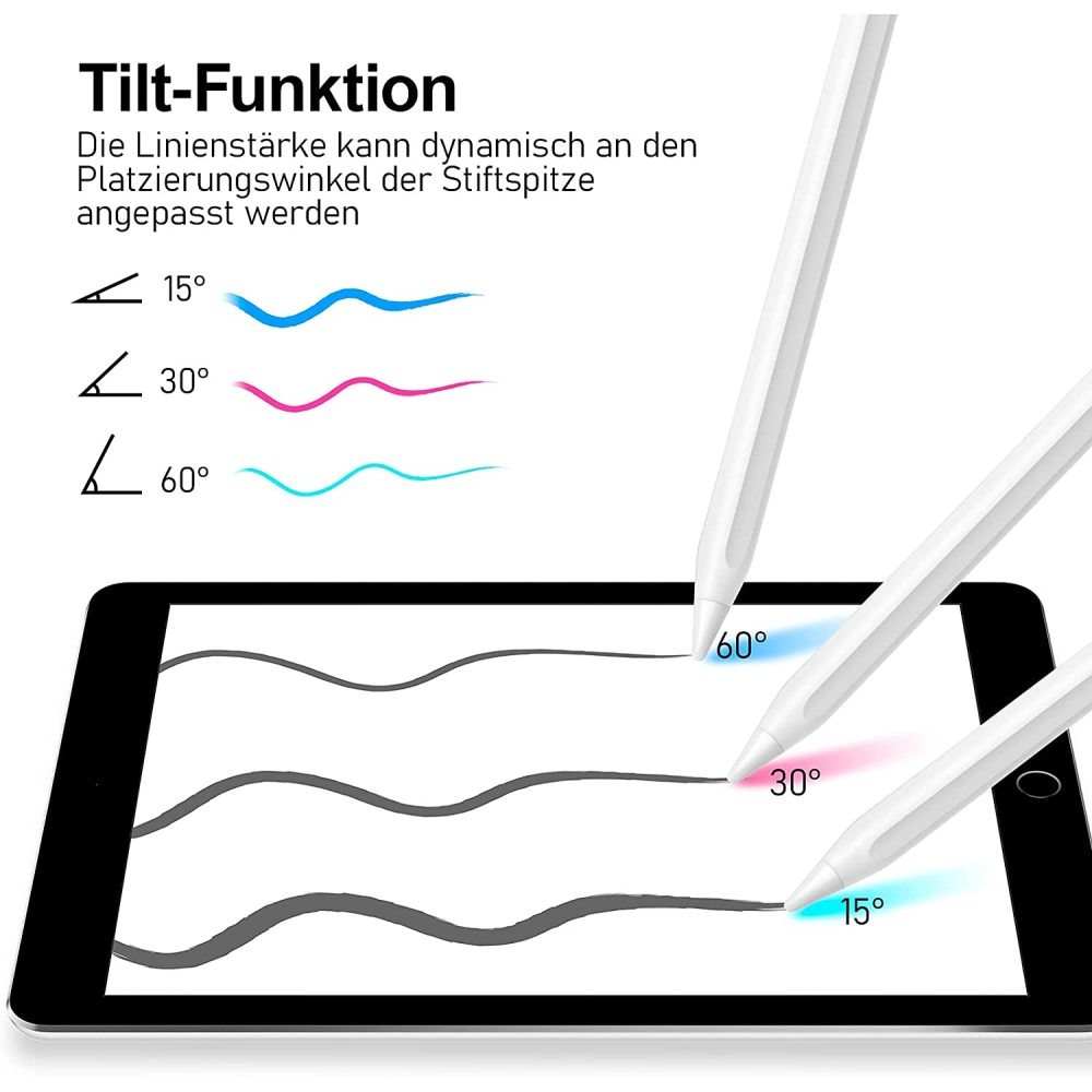 Drei Stifte zeigen den Kippwinkel auf einem Tablet, der die Linienstärke beeinflusst.