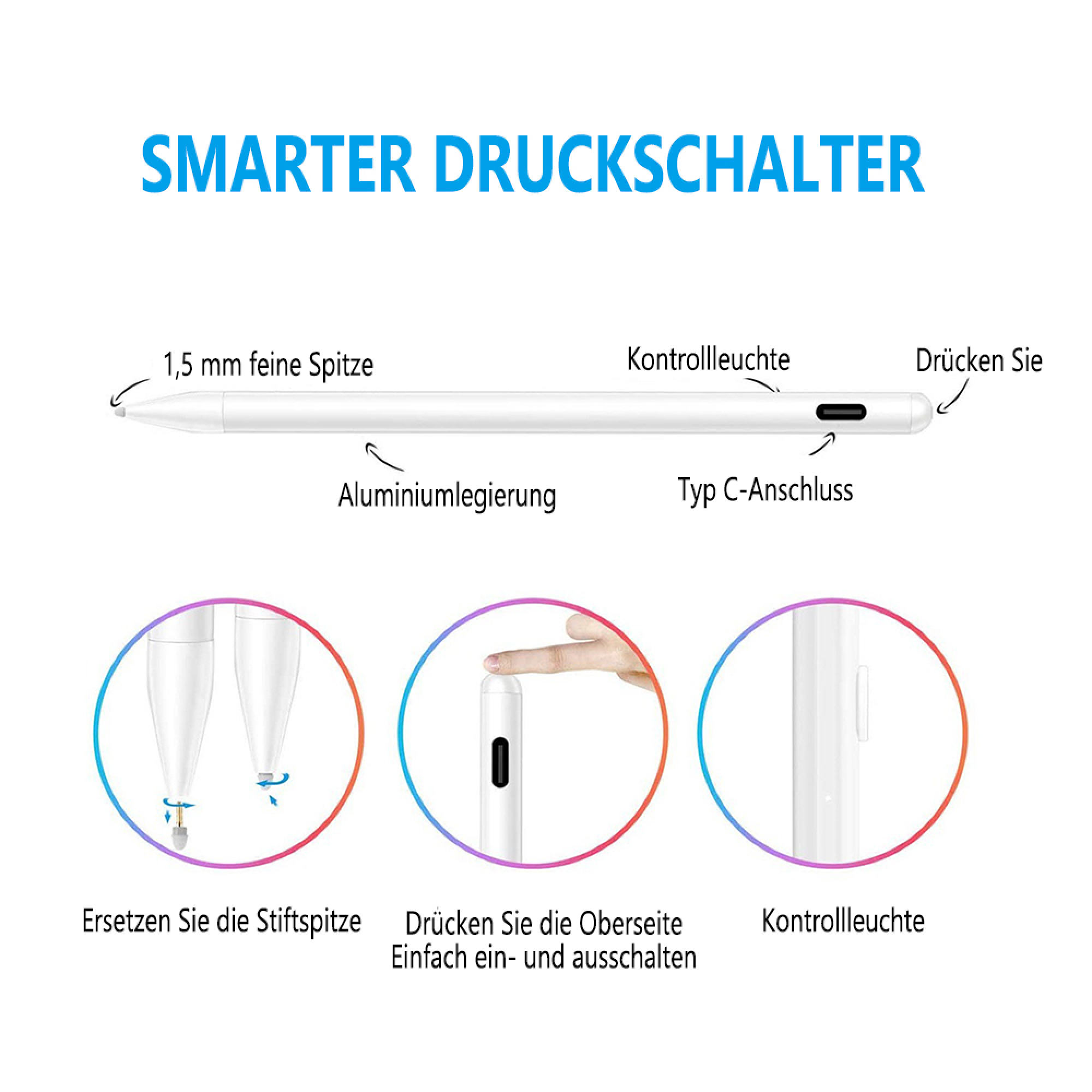 Ein Stift mit feiner Spitze, Aluminiumlegierung, Typ C-Anschluss und Kontrollleuchte.