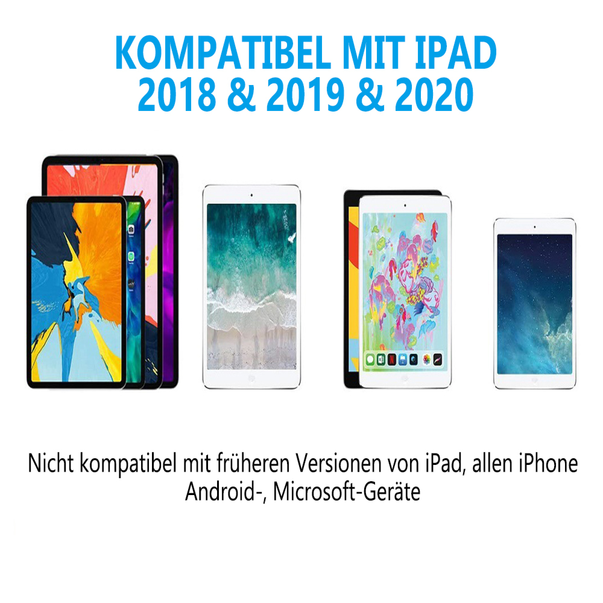 Mehrere iPads mit verschiedenen Hintergründen, kompatibel mit 2018-2020 iPads.