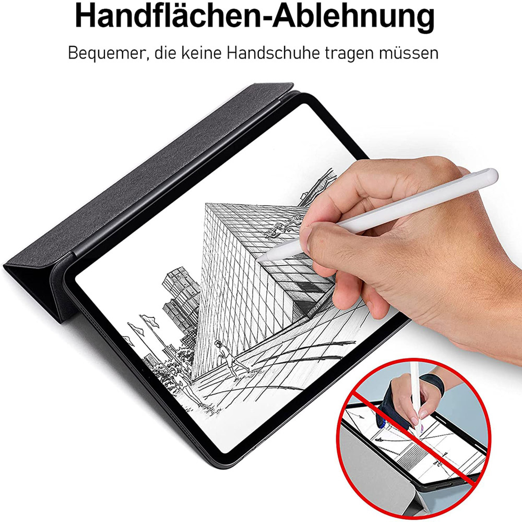 Ein Tablet mit Stift und einer Hand, die es benutzt. Eine rote Warnung zeigt eine Geste.