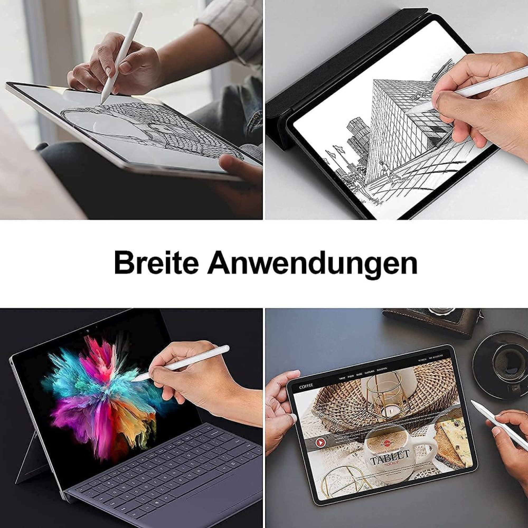 Grafiktablett mit Stift, Architekturzeichnung, bunter Bildschirm, Websitedesign.