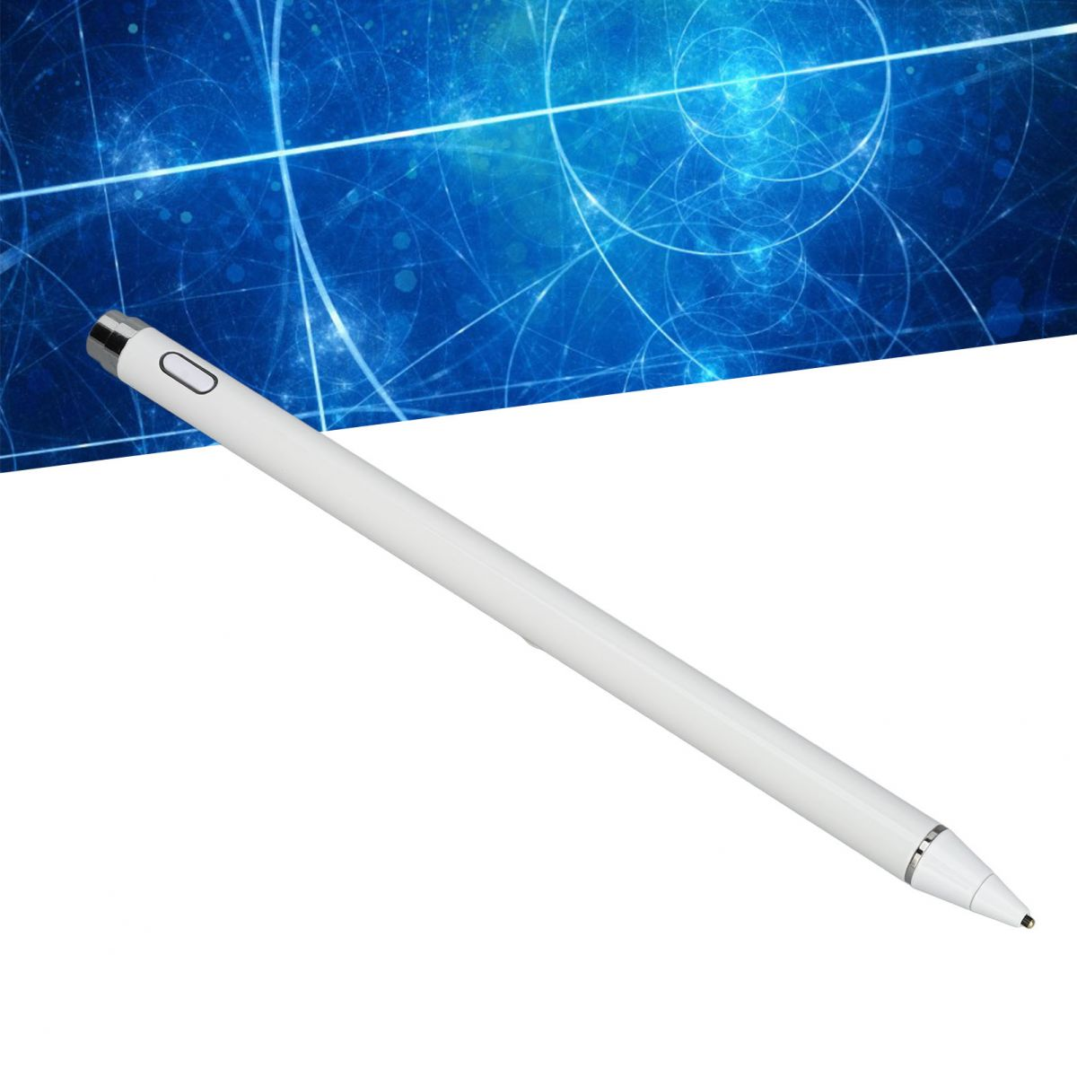 Ein weißer digitaler Stift mit einem silbernen Ring und einer Taste, vor einem blauen abstrakten Hintergrund.