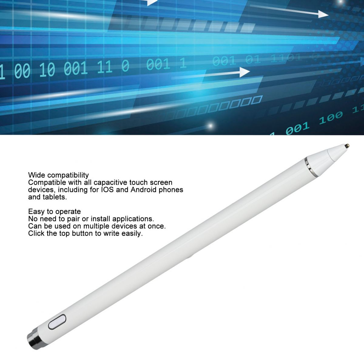 Ein weißer Stift mit schwarzer Spitze und silbernen Akzenten ist vor einem weißen Hintergrund mit blauem Binärcode abgebildet.