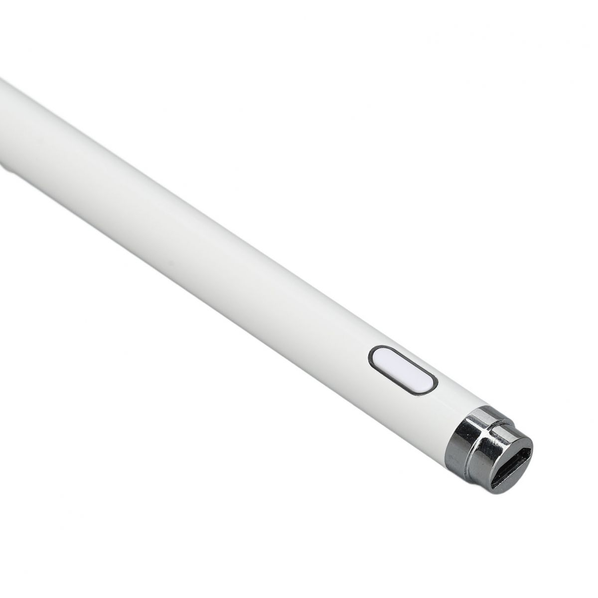 Ein weißer Stylus-Stift mit silberner Spitze und einer Taste.