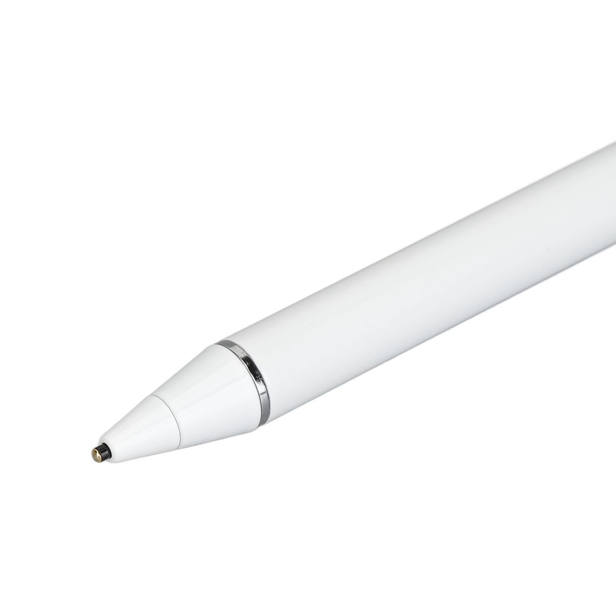 Ein weißer Stift mit silbernem Ring und schwarzer Spitze auf weißem Grund.