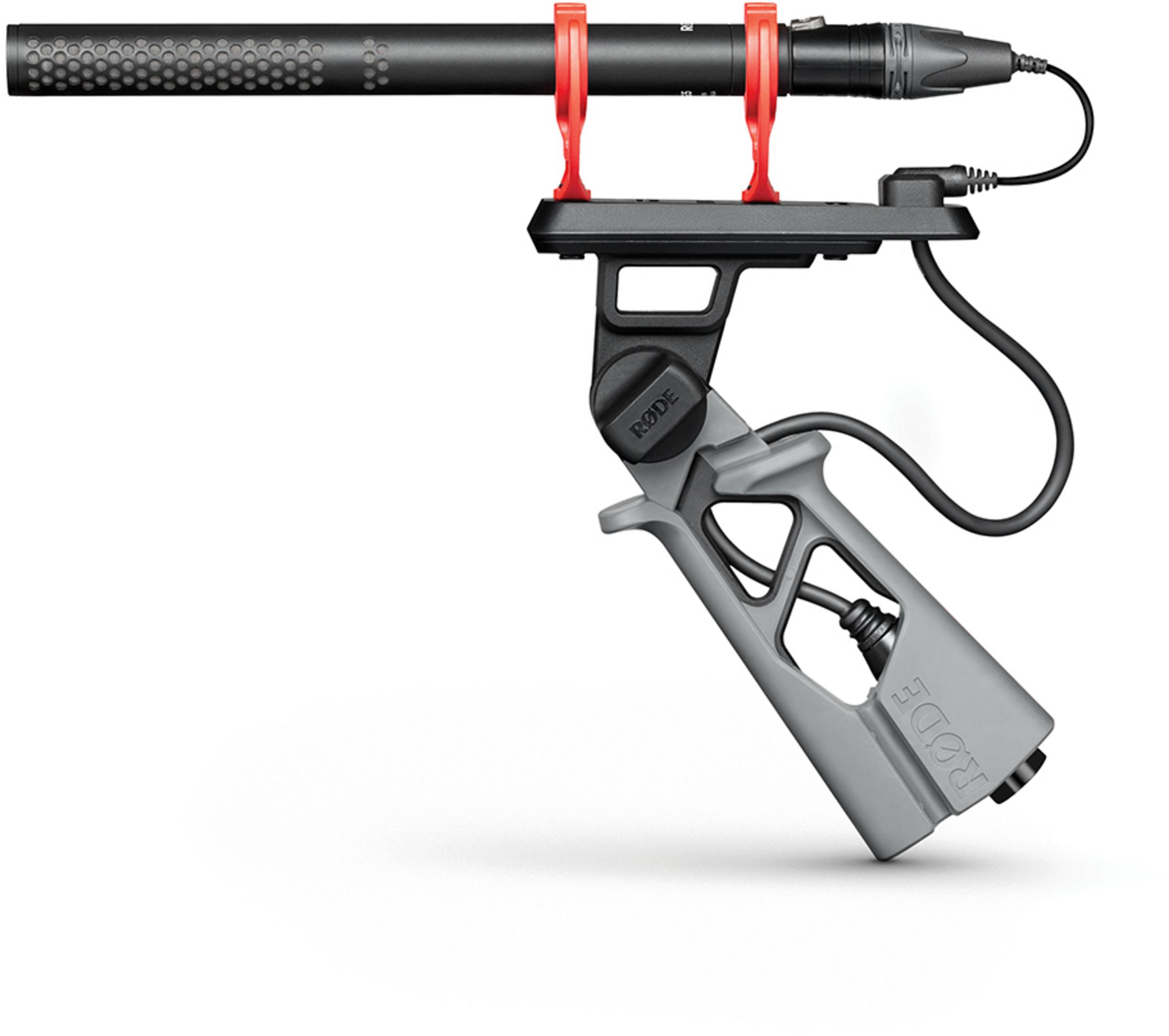 Ein schwarzes Richtmikrofon mit roter Halterung und grauer Pistolengriffhalterung.
