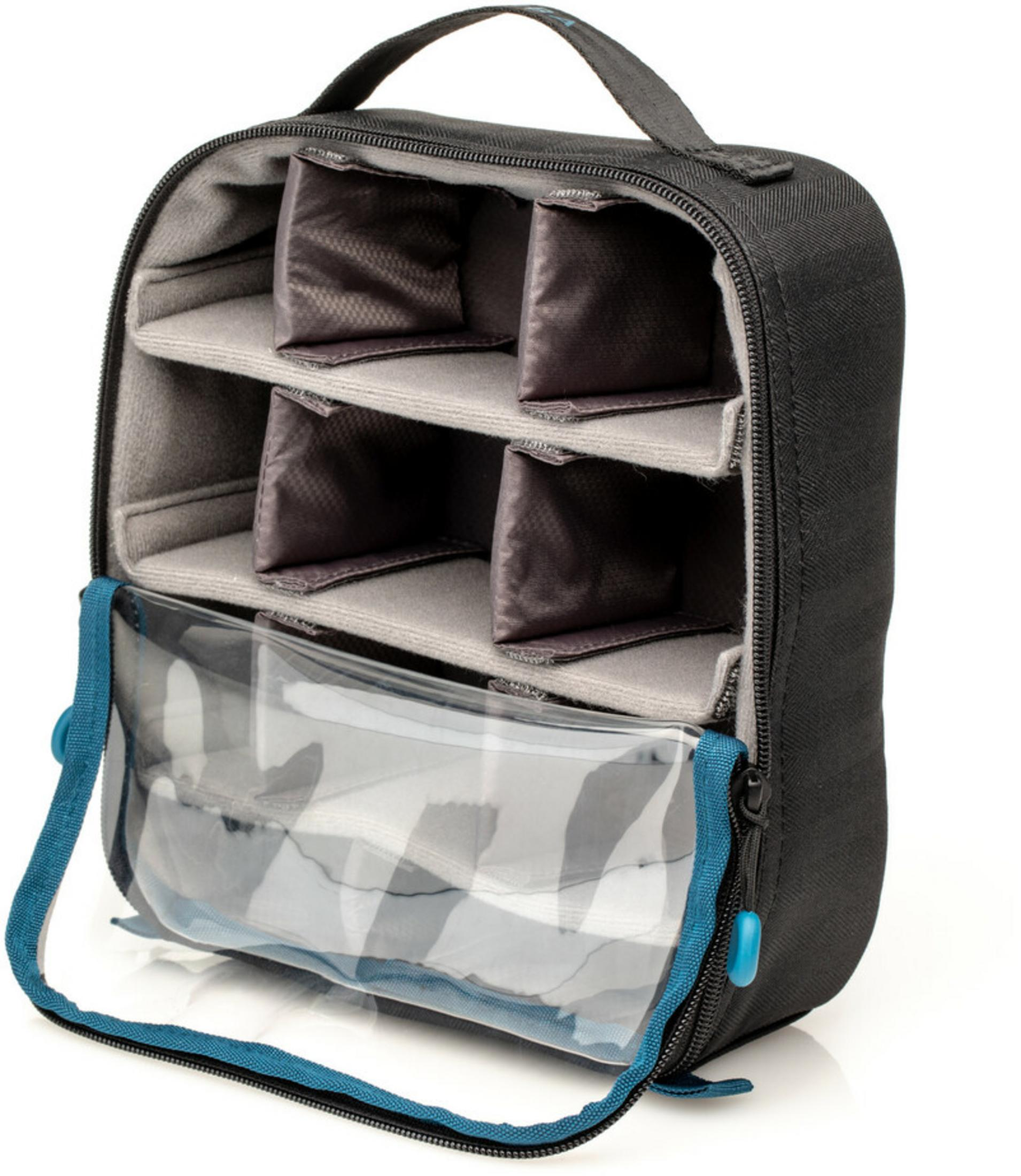 A black bag with a clear compartment and internal dividers.