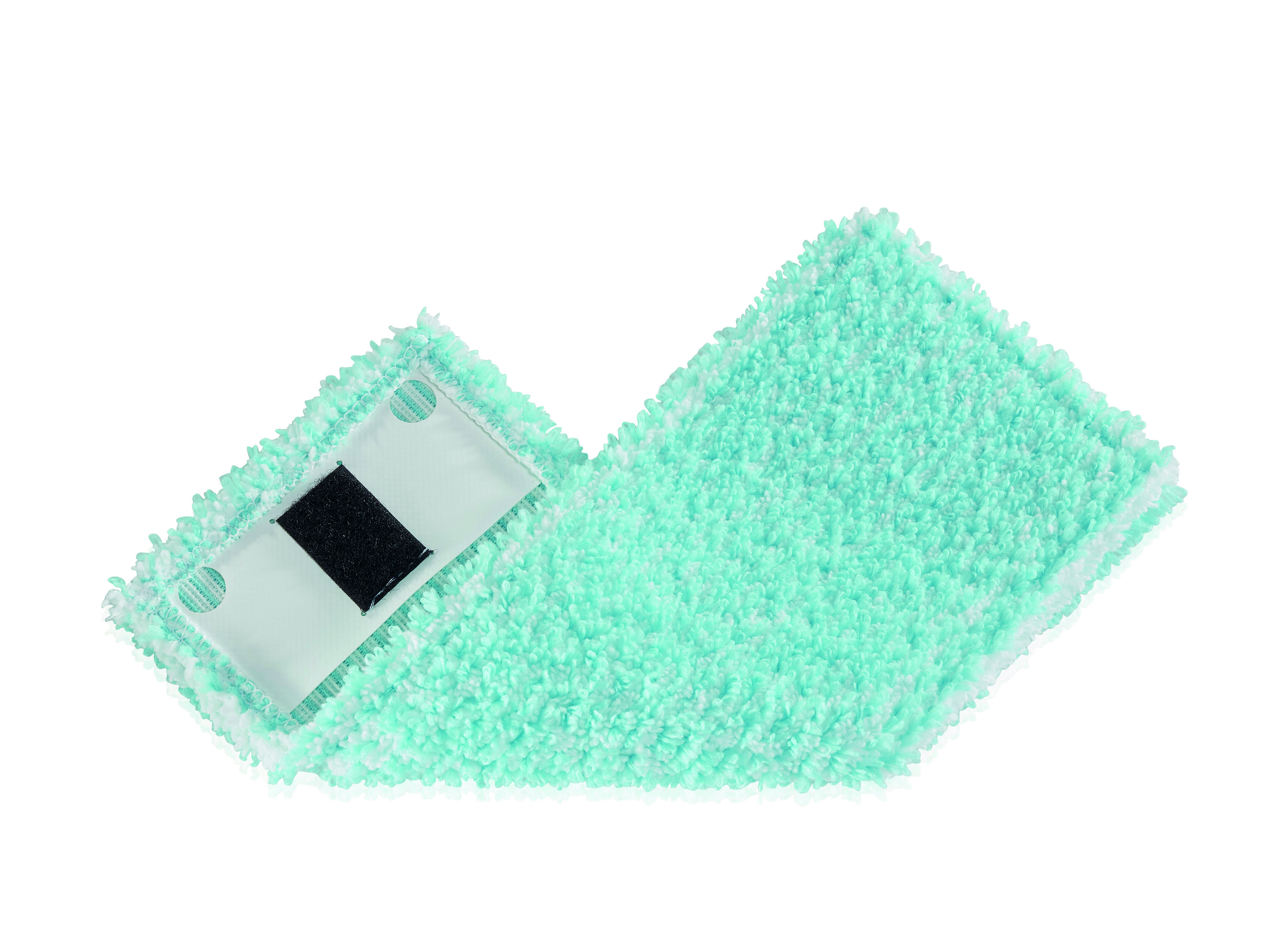 Un piumino per mocio in microfibra turchese con bordo bianco e velcro nero.
