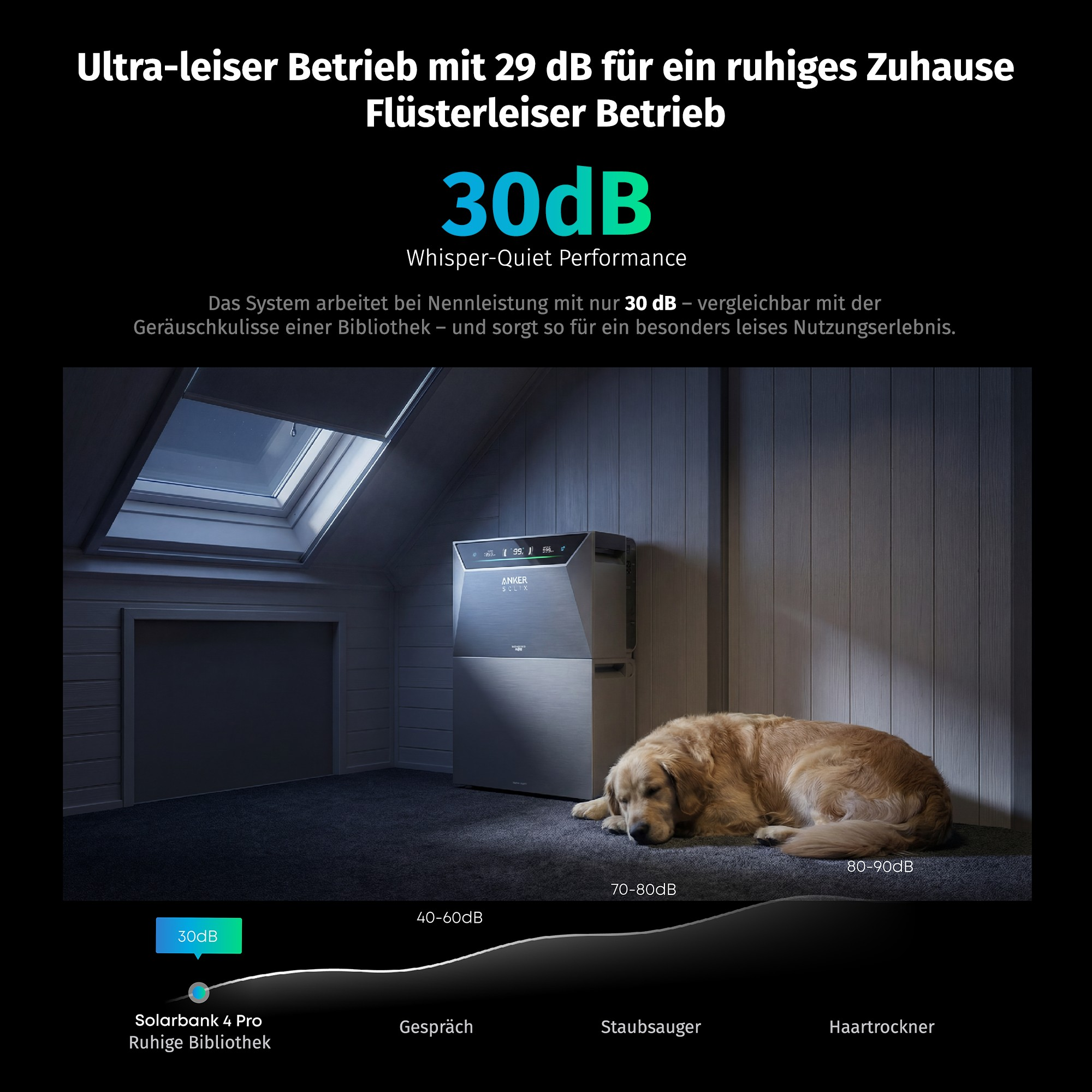 Ein Golden Retriever schläft neben einem Anker SCLIX-Gerät in einem Raum mit Oberlicht.