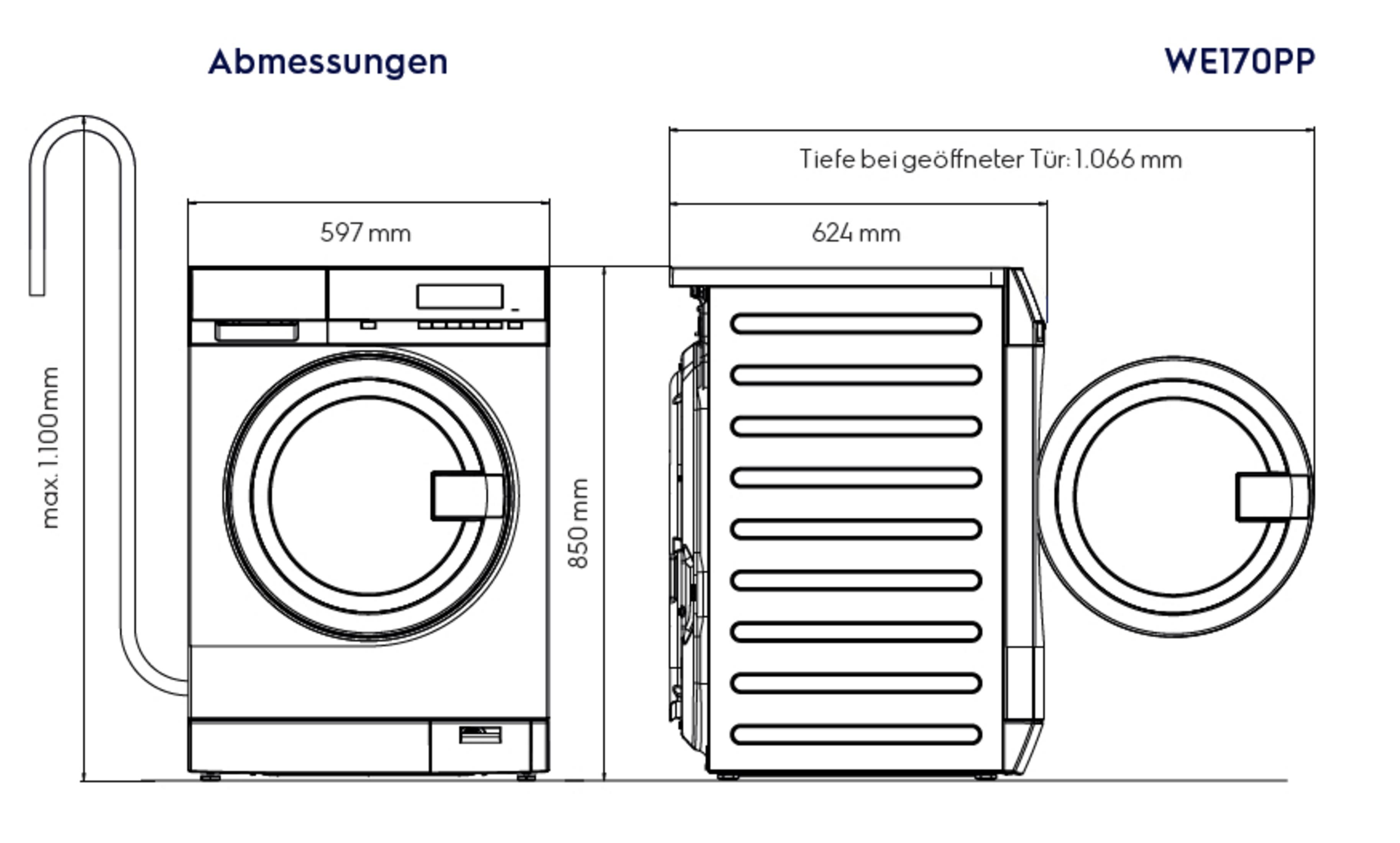 Disegno tecnico di un'asciugatrice con dimensioni.