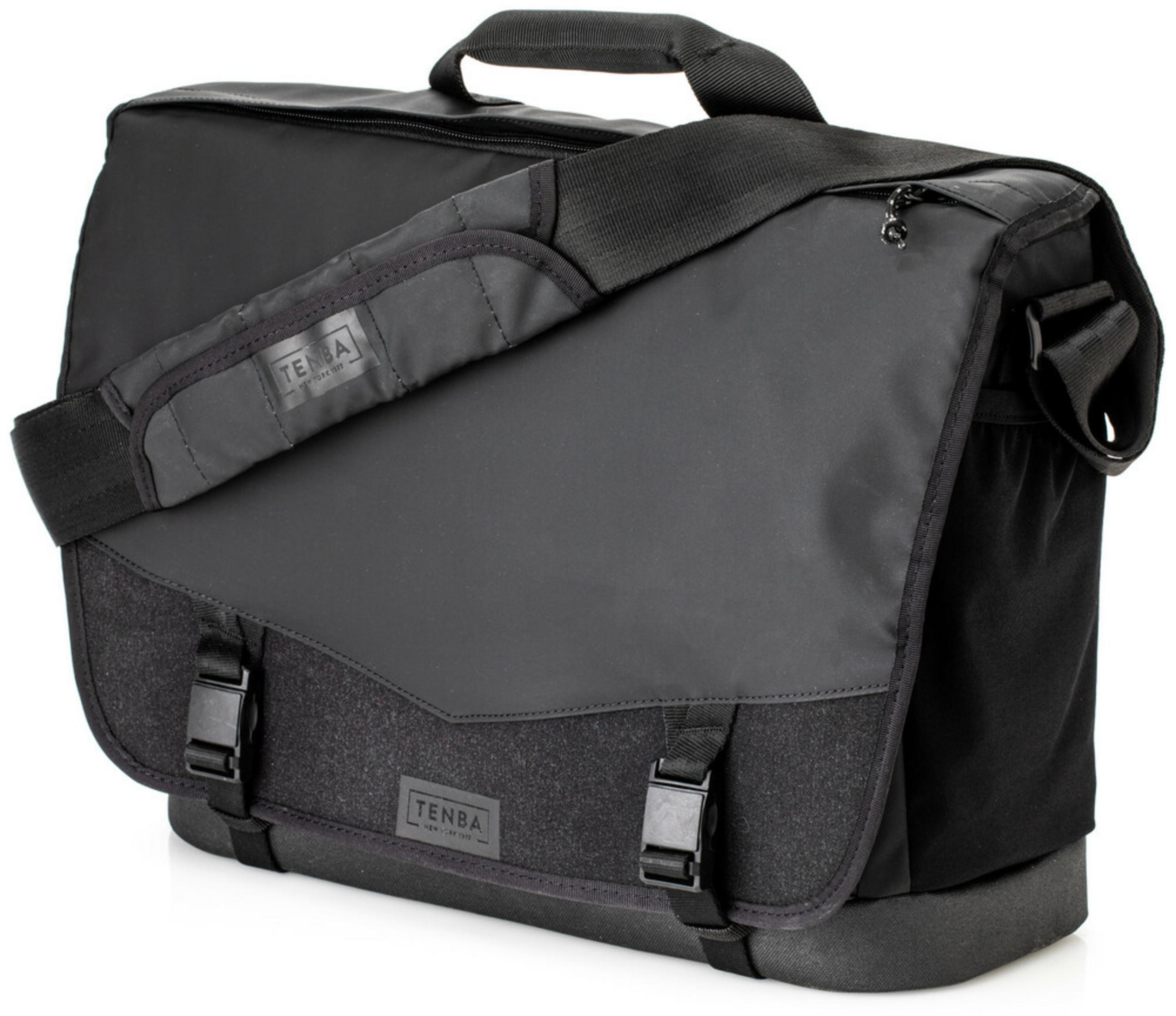 A black messenger bag with two front buckles and a top handle.