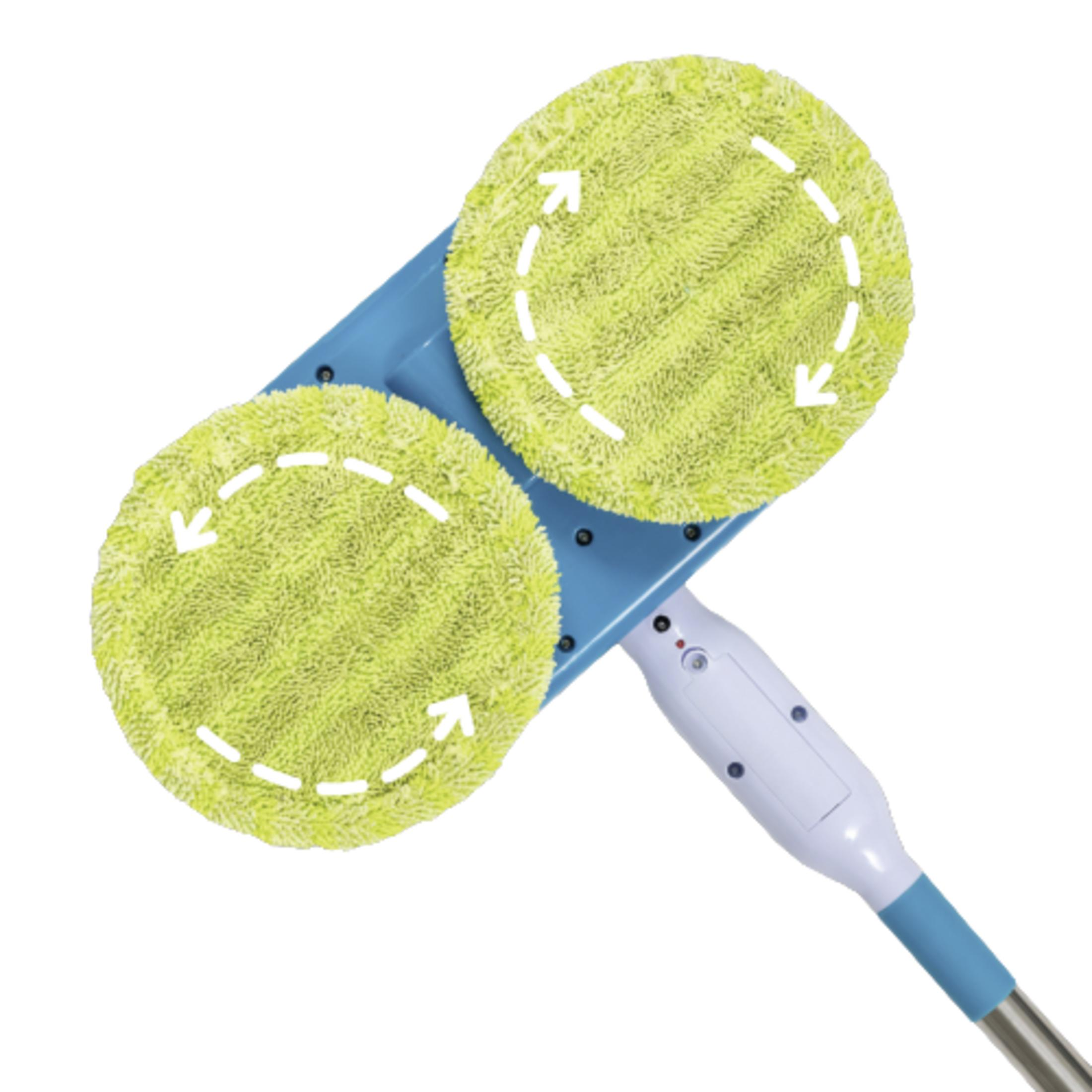 Ein blauer Mopp mit zwei runden, hellgrünen Reinigungspads mit weißen Pfeilen.