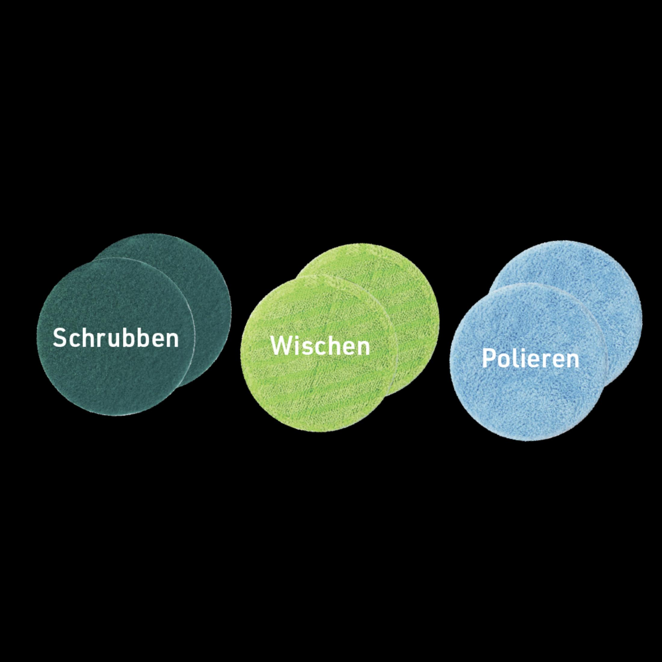 Drei Paar runde Reinigungspads: dunkelgrün (Schrubben), hellgrün (Wischen), hellblau (Polieren).