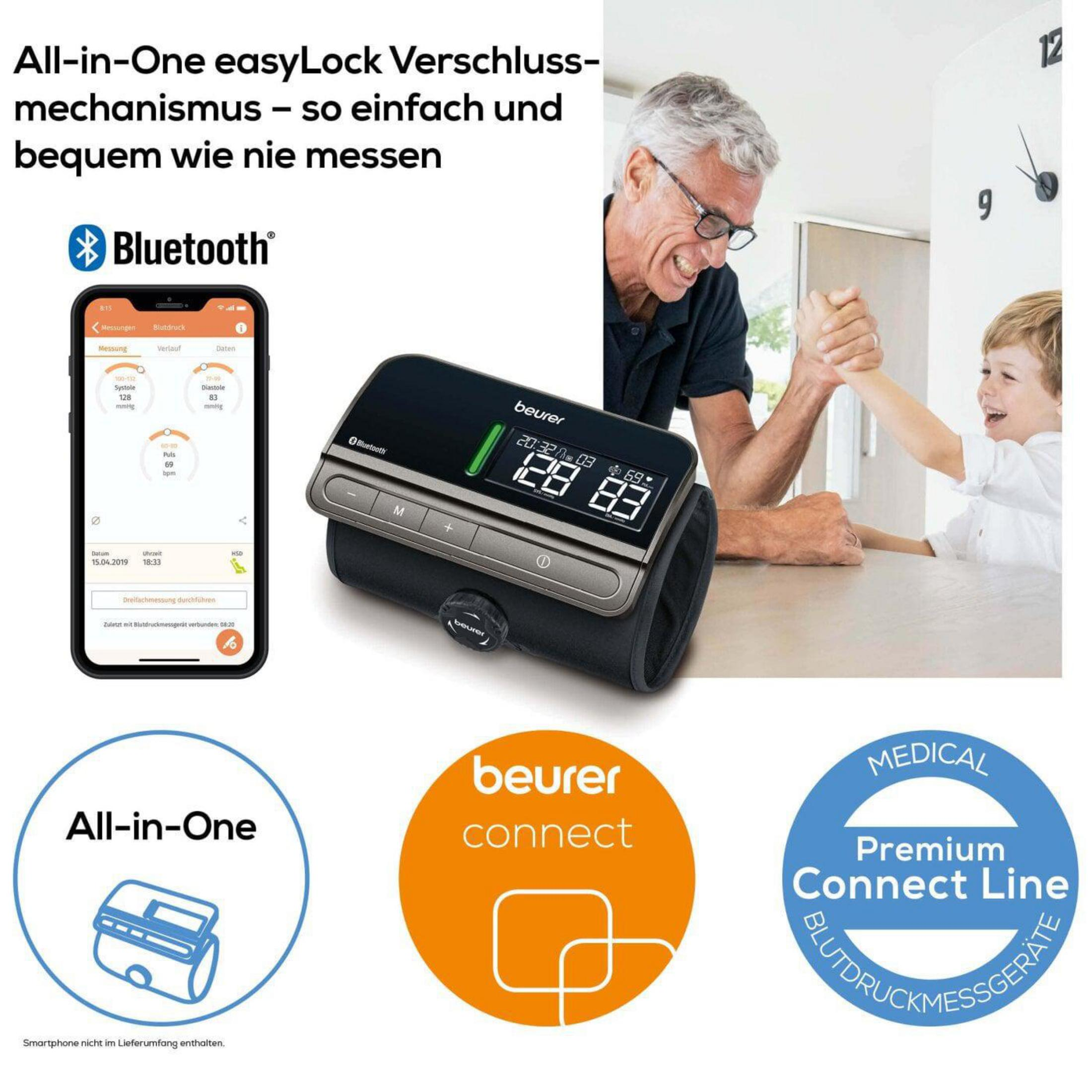 Blutdruckmessgerät mit App-Anzeige, Mann und Kind.